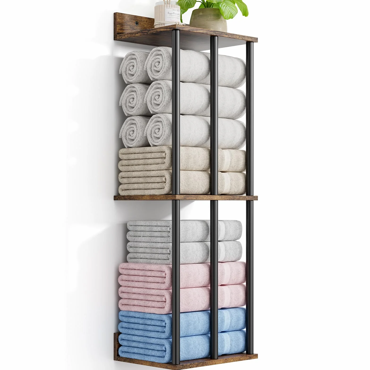 Soporte para Toallas de Pared con Estante de Madera - Organizador de Baño con 3 Barras, Gran Capacidad y Fácil Instalación - Ideal para Toallas Enrolladas - Marrón