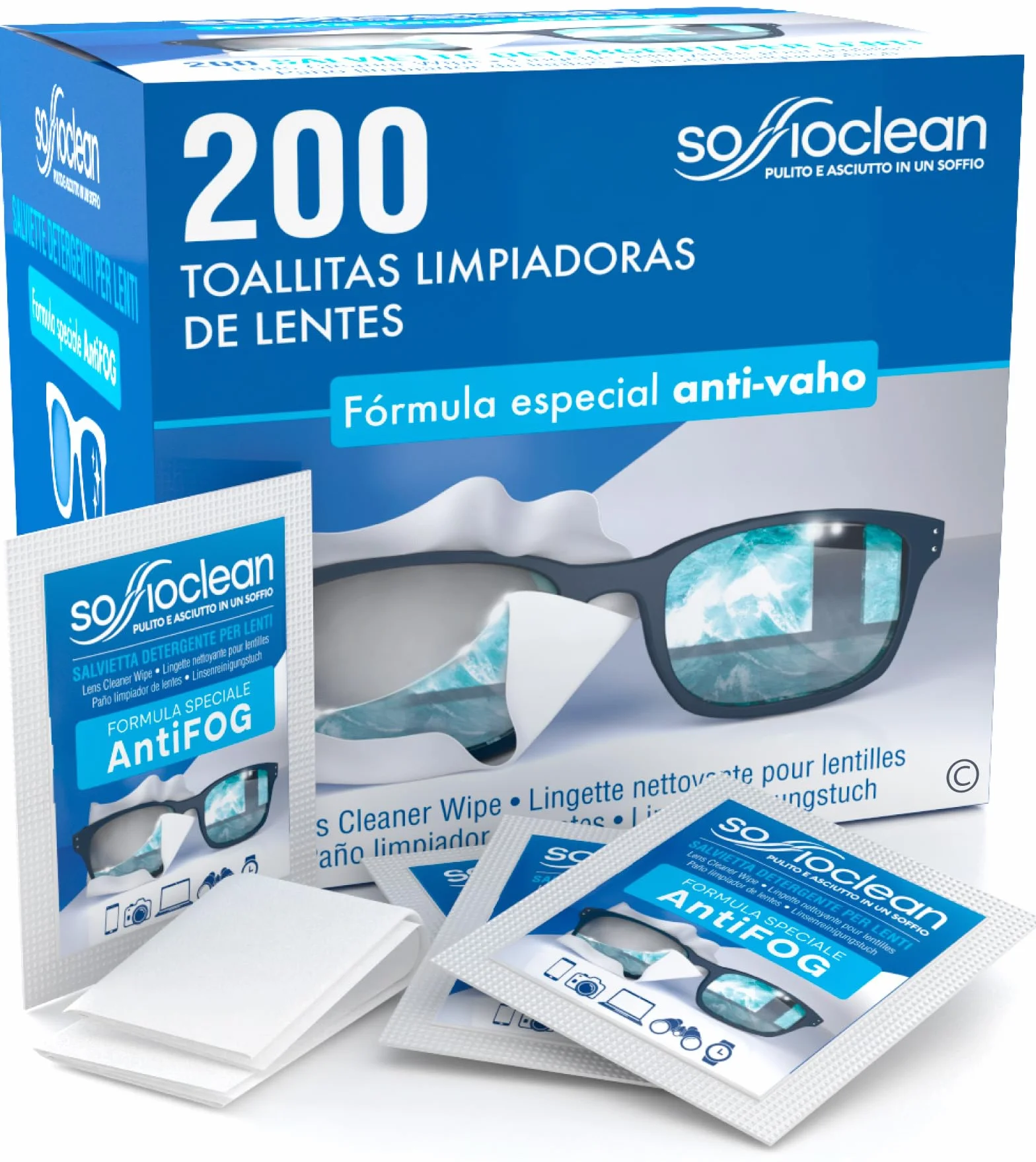 200 Toallitas Limpiadoras para Gafas Anti Vaho Soffioclean - Limpieza de Lentes Gafas Ordenadores y Movil - Desechables Elimina Grasa y Huellas Dactilares