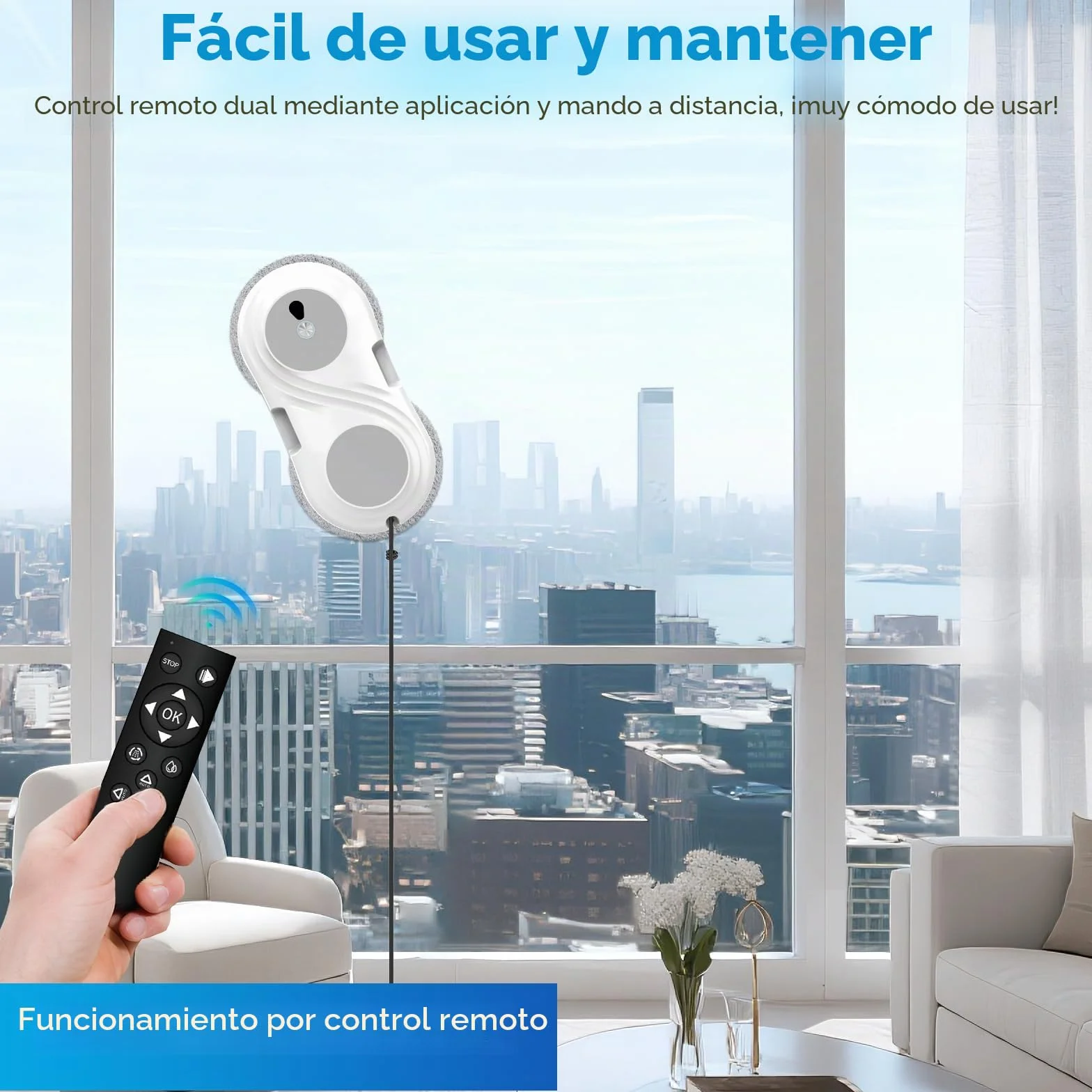 Robot Limpiacristales, 8000Pa Robot Limpia Cristales Ventanas avec Sistema de Pulverización Bidireccional, Navegación Inteligente y Seguridad Anticaídas, Mando, para Todas Las Superficies Lisas