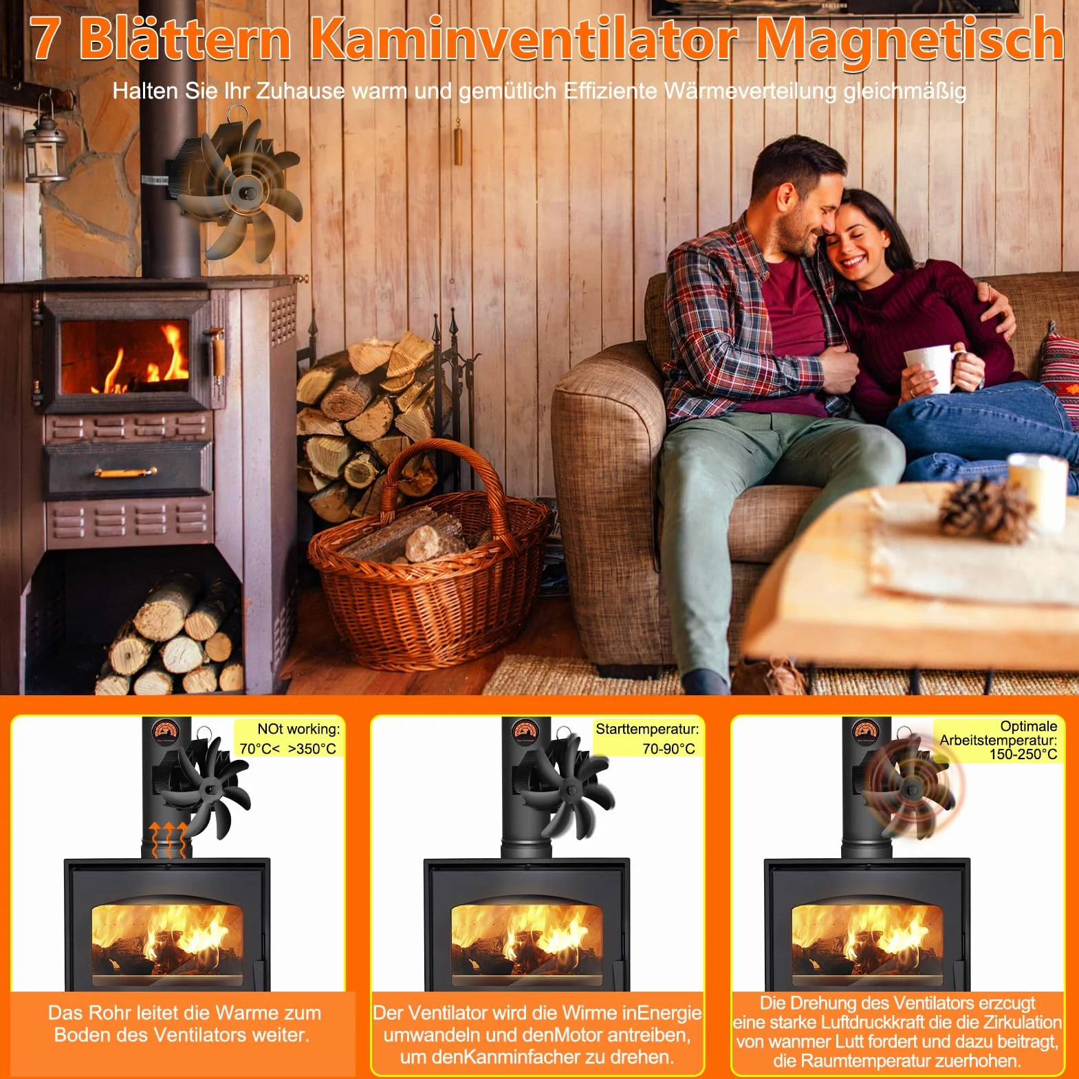 Ventilador Magnético para Estufa de Leña, Ventilador de Chimenea de 7 Aspas, Silencioso y de Bajo Consumo, ventilador de tubería con termómetro