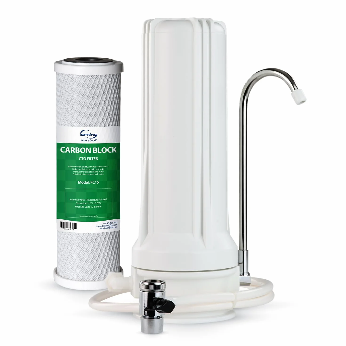 iSpring CKC1 Sistema de Filtración de Agua Potable para Mostrador con Filtro de Carbón de 2,5" x 10", Filtro de Agua para Encimera, Blanco