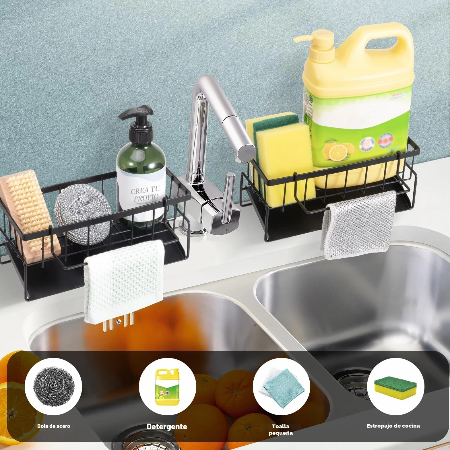 Caja de almacenamiento para fregadero de cocina, organizador para fregadero, estante de almacenamiento multifuncional, color negro, adecuado para almacenamiento de cocina y baño