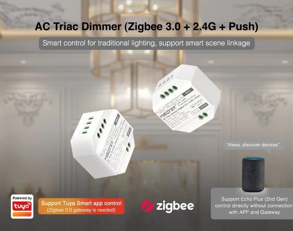 LIGHTEU®, Miboxer Zigbee3.0 y 2.4GHz Push AC 100-240V Triac Dimmer para Lámparas y Focos Regulables, TRI-C1ZR