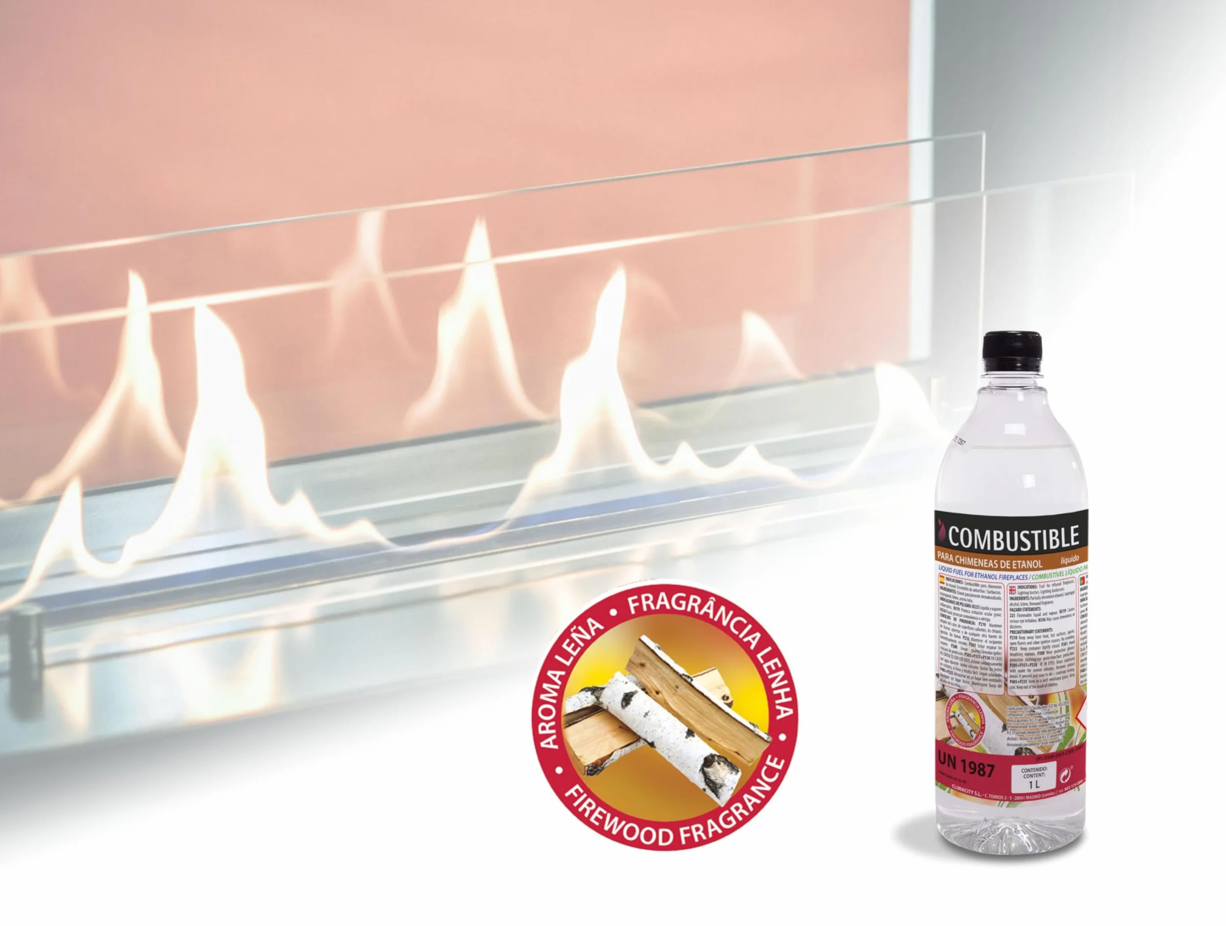 PUR LINE | Combustible etanol vegetal aroma a madera biochimeneas, caja 12 botellas 1L - Combustible Etanol Ecológico, sin humo, elimina olores y recrea ambiente chimenea leña