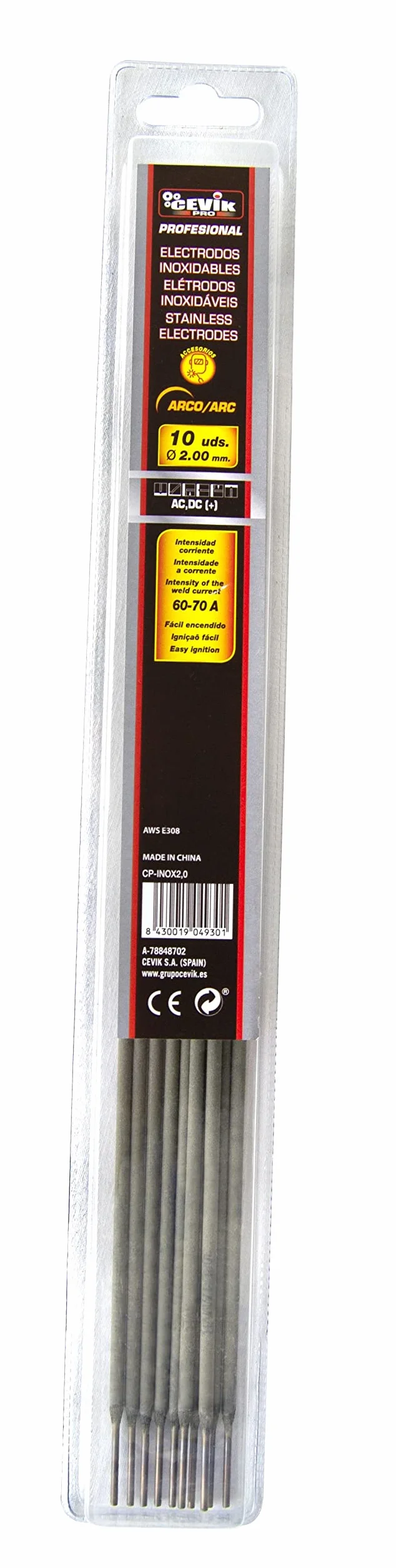 Cevik PRO - Electrodos Inoxidable 2,0 mm - Pack 10 Unidades - Soldadura MMA - AWS E308 - Acero Inoxidable - Alta Resistencia a la Corrosión - Arco Estable - Accesorios Soldadura Electrodo