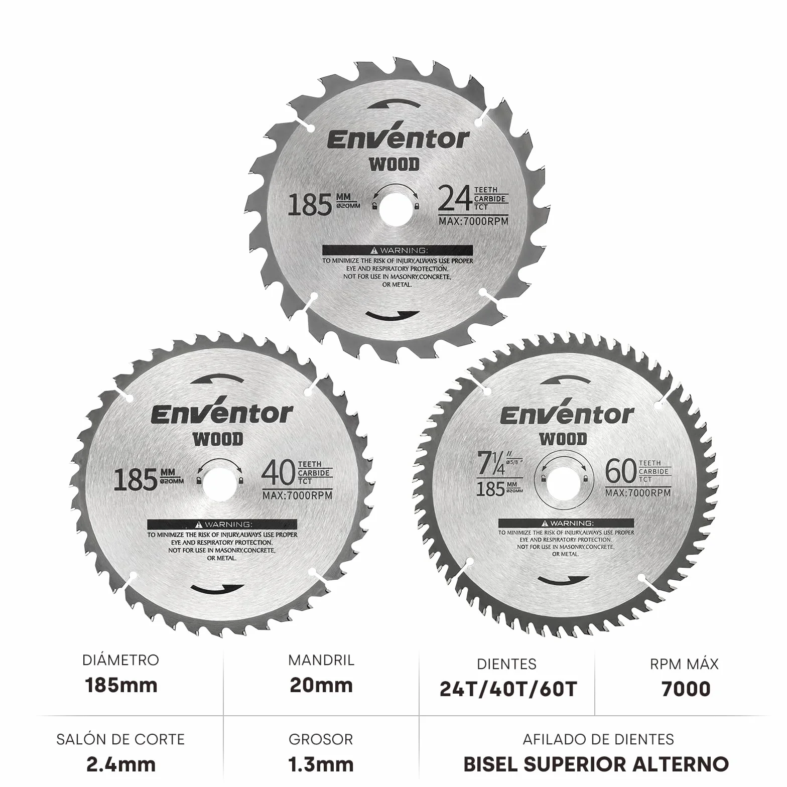 Enventor 3PCS Hoja de Sierra Circular 24T/40T/60T, 185mm x 20mm, Punta de Carburo de Tungsteno, Hoja de Sierra Circular de Mano para Madera, Compatible con Enventor Sierras Circulares