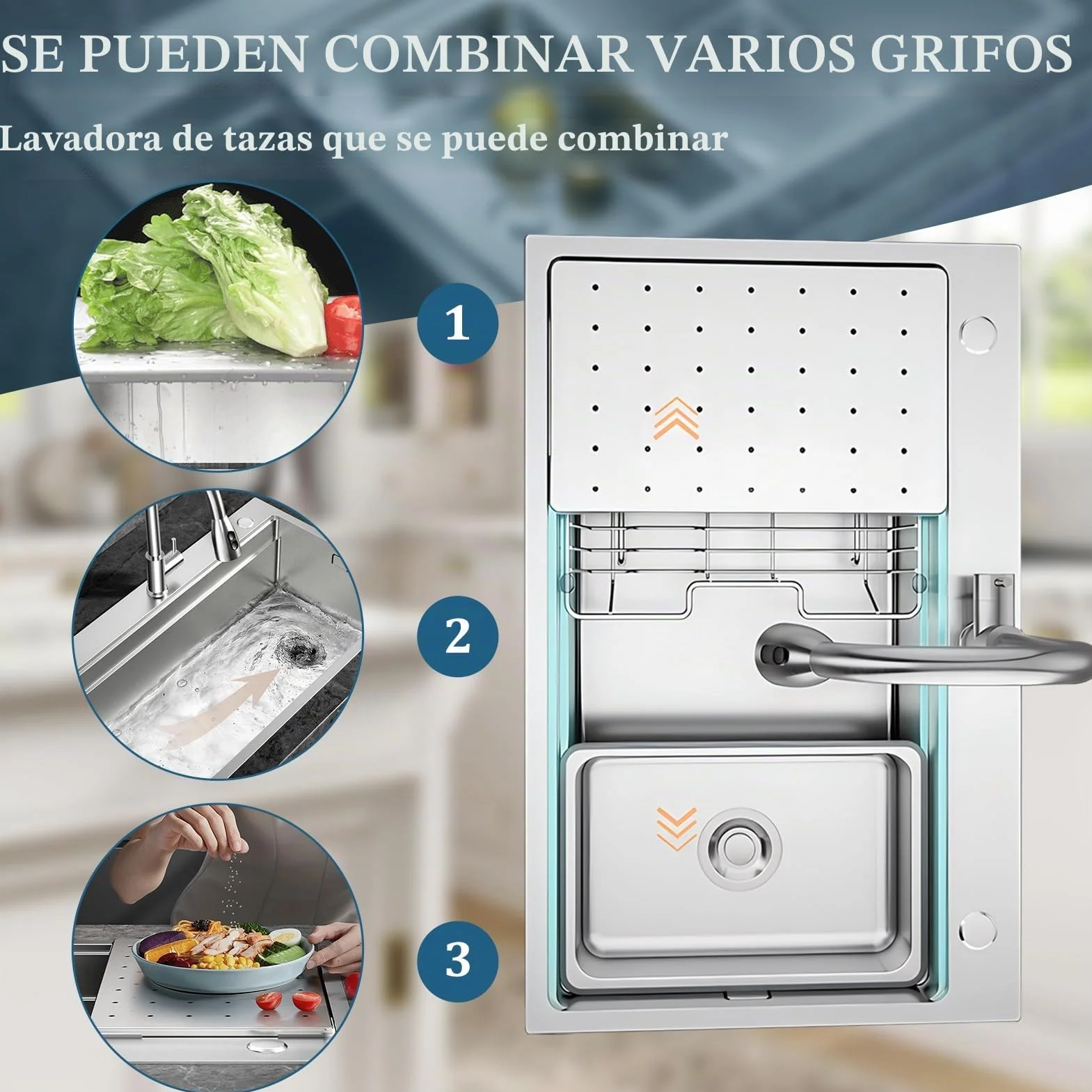 Fregadero de cocina multifunción de 65 x 50 cm, de acero inoxidable 304, hecho a mano, fregadero de cocina grande de una bañera, instalación a ras o sobre encimera con bañera extraíble