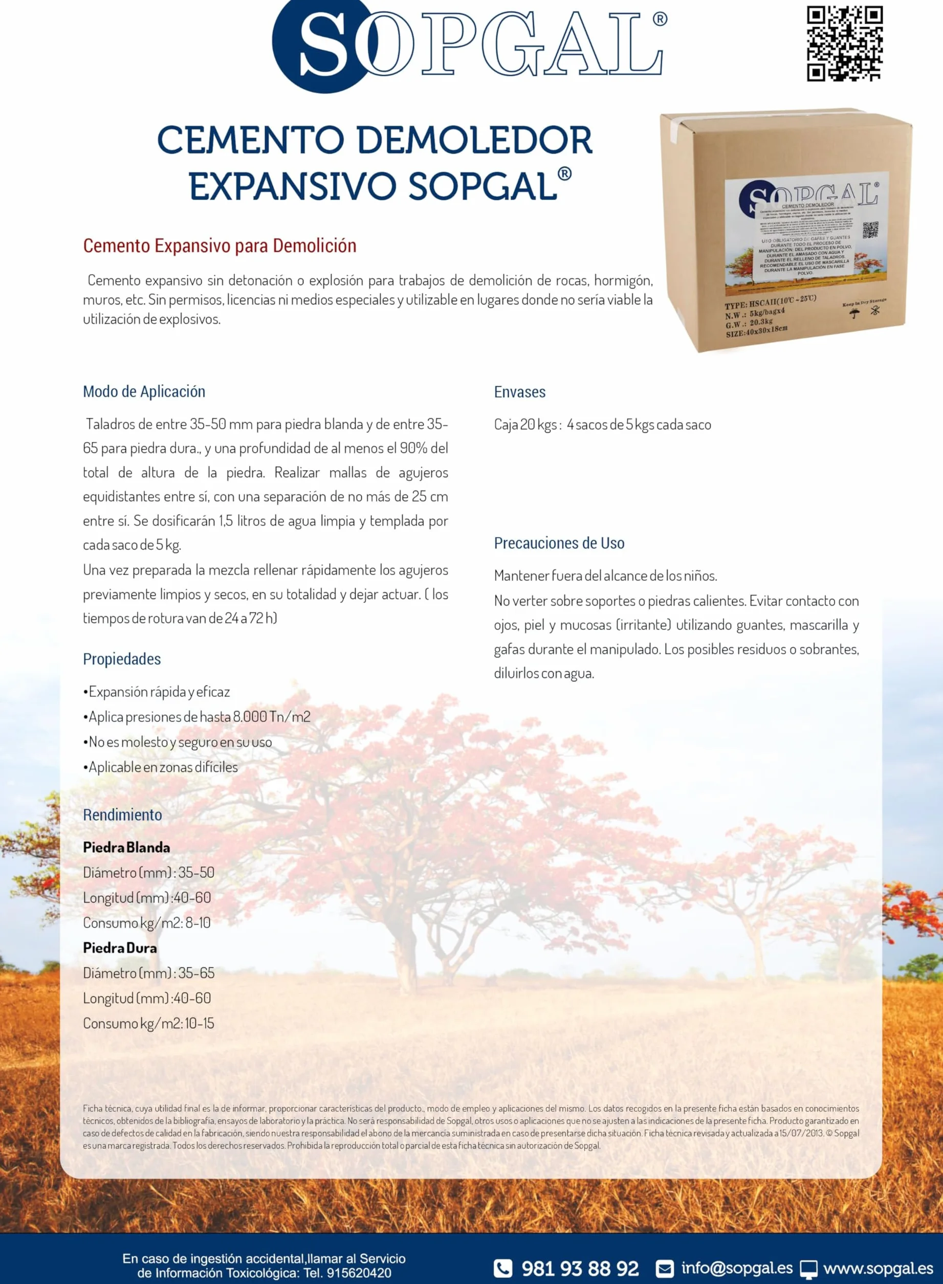 Cemento Demoledor Expansivo (20 kgs) - Demoliciones seguras y silenciosas, sin explosivos, de construcciones de piedra, muros, hormigón... - Sopgal