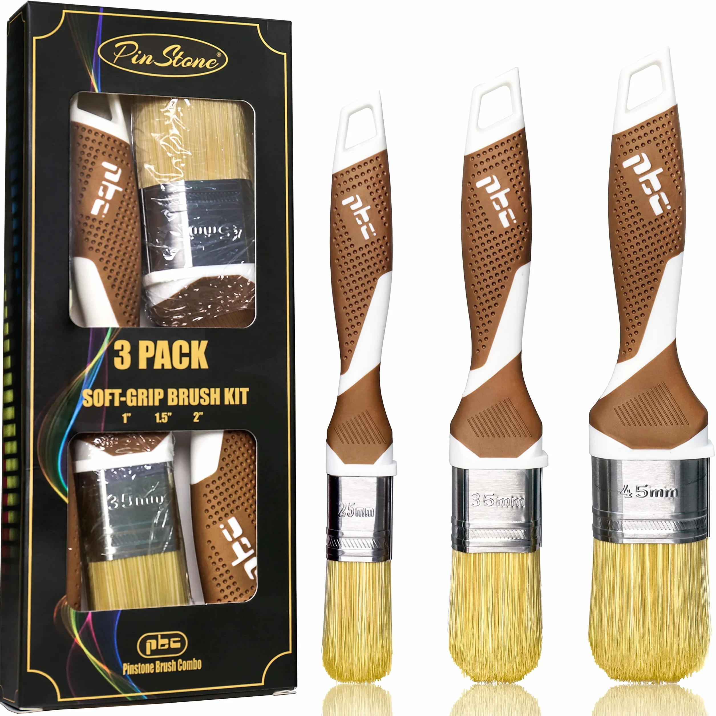 PinStone Juego de 3 pinceles de pintura profesionales, cerdas sintéticas de 1, 1.5 y 2 pulgadas, mango de goma de fácil agarre, pincel de pintura para gabinete, pincel de pintura de tiza, pinceles