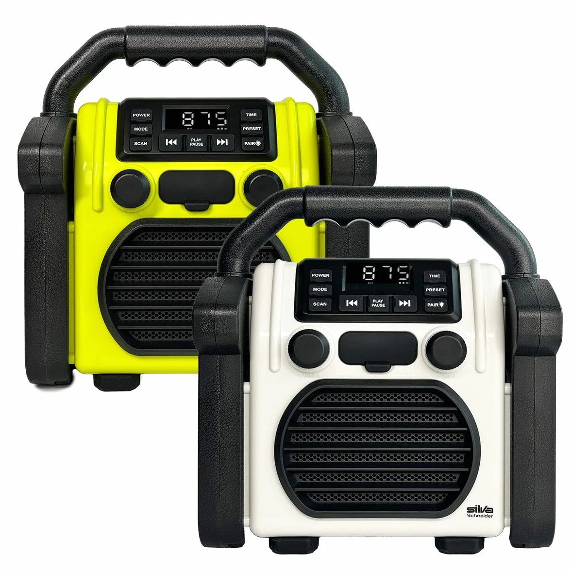 BR 230 BT - Radio para Obras con Bluetooth, Color Amarillo neón/Blanco Roto, Silva Schneider - Radio Digital PPL, 100 W, IP55 Resistente al Polvo y al Agua, batería de 4000 mAh, función de Carga USB