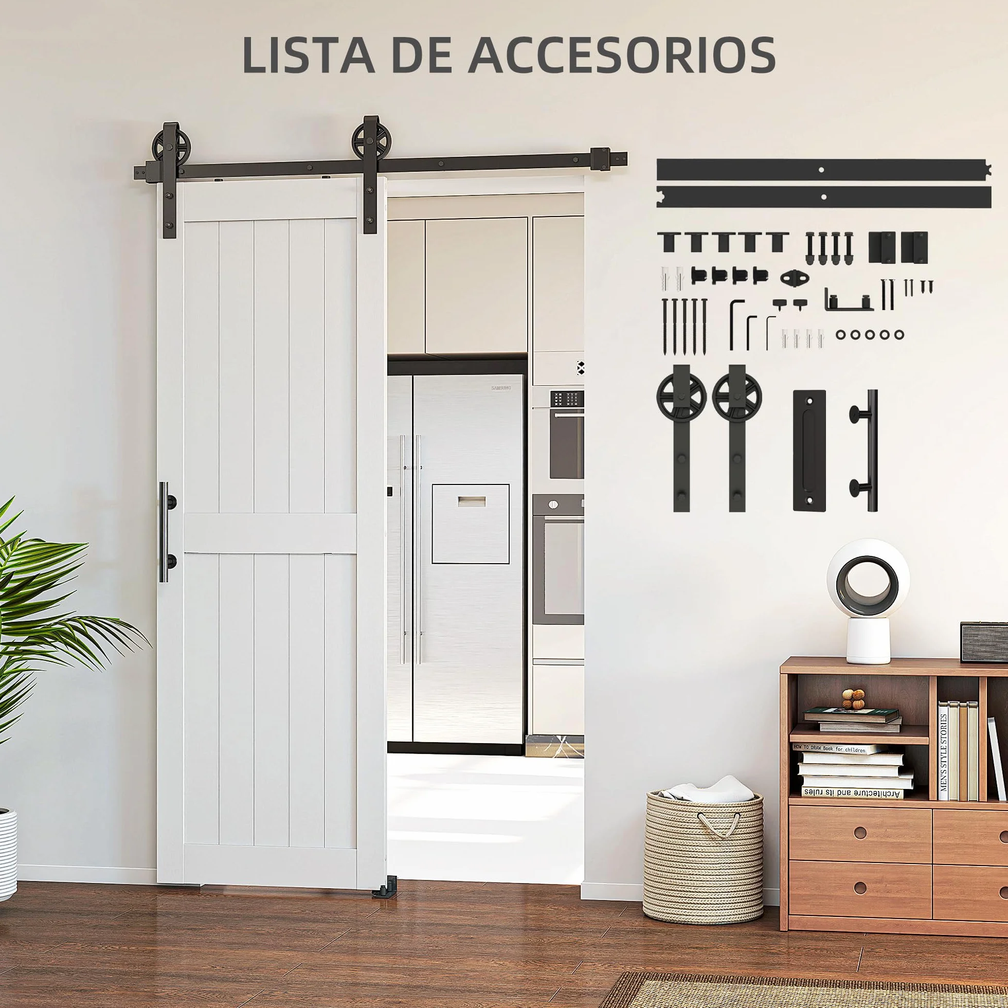 HOMCOM Puerta Corredera de Granero con Herrajes 71,5x213,4 cm Puerta Corredera de Interior con Manija Rodillo y Guía de Suelo Mejorados para Baño Salón Sala de Estar Blanco