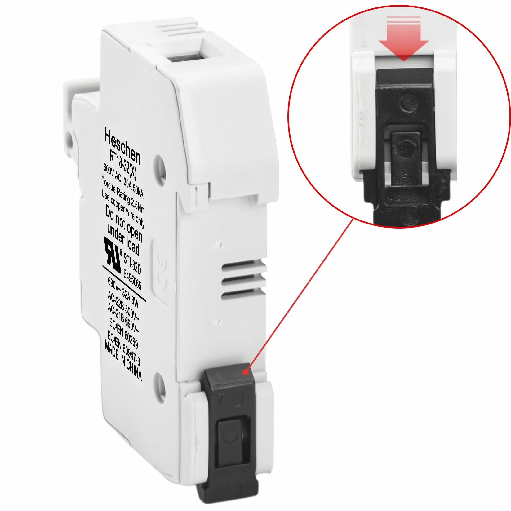 Heschen Base de portafusibles cilíndrico RT18-32(X) 32A AC690V 1P DIN montaje en riel para RT18 RO15 10 x 38 mm fusible con certificación CE
