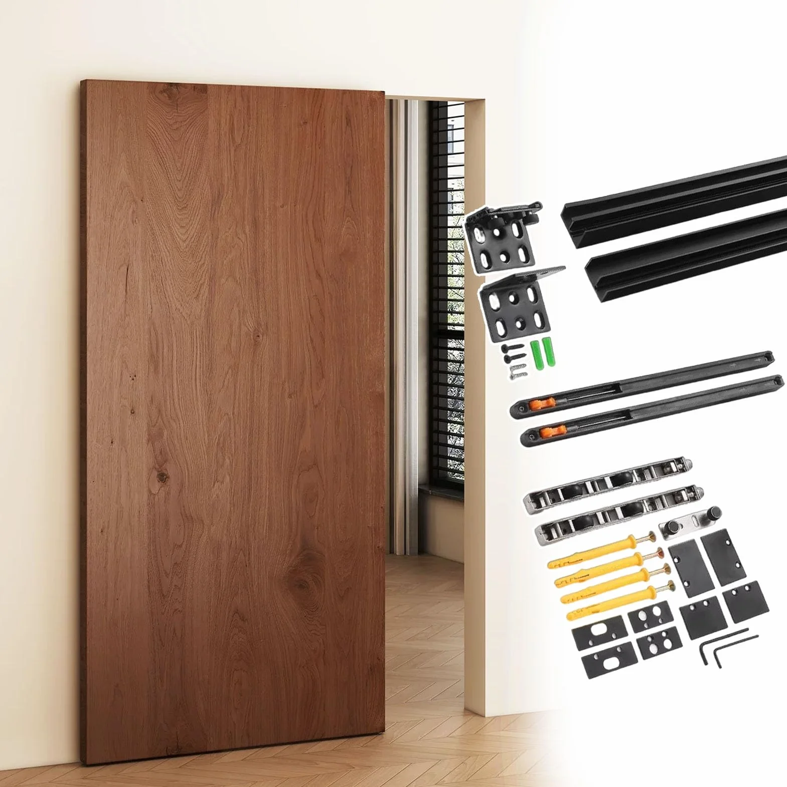 Kit Puerta Corredera Herrajes para Puerta Corredera Invisible Sin Riel, Riel Oculto con Cierre Suave para Efecto de Puerta Flotante, Riel de Puerta de Aluminio Negro(72cm(28.3in))