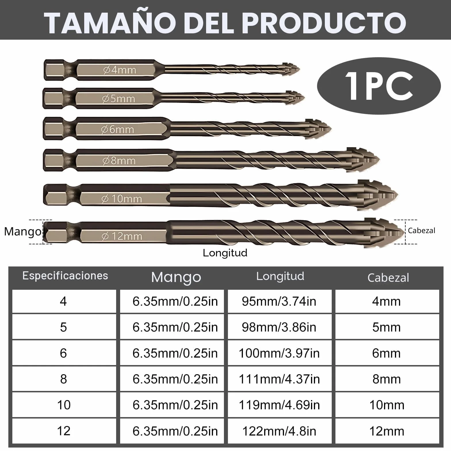 6PCS Brocas Porcelanico, Juego de Brocas Profesional 4/5/ 6/8/ 10/12 mm Broca para Azulejos Aleación de Acero de Tungsteno para Vidrio, Hormigón, Cerámica, Metal, Madera