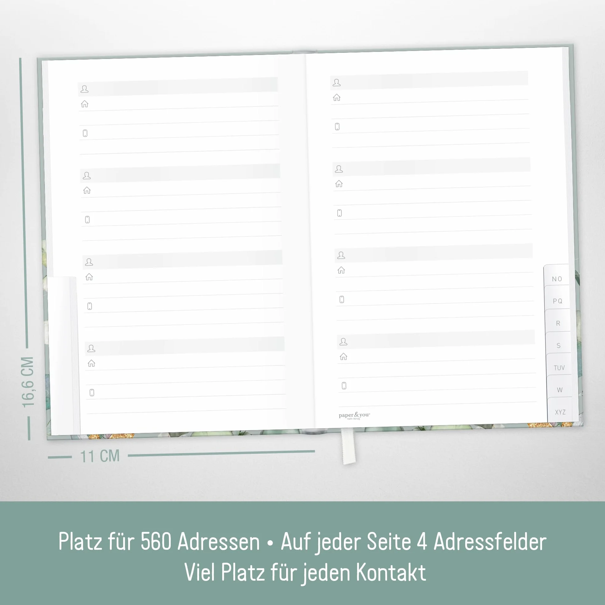 paper&you® Libro de direcciones A6+ con índice A-Z "Hojas de menta" para contactos, cumpleaños y contraseñas - sostenible y respetuoso con el clima