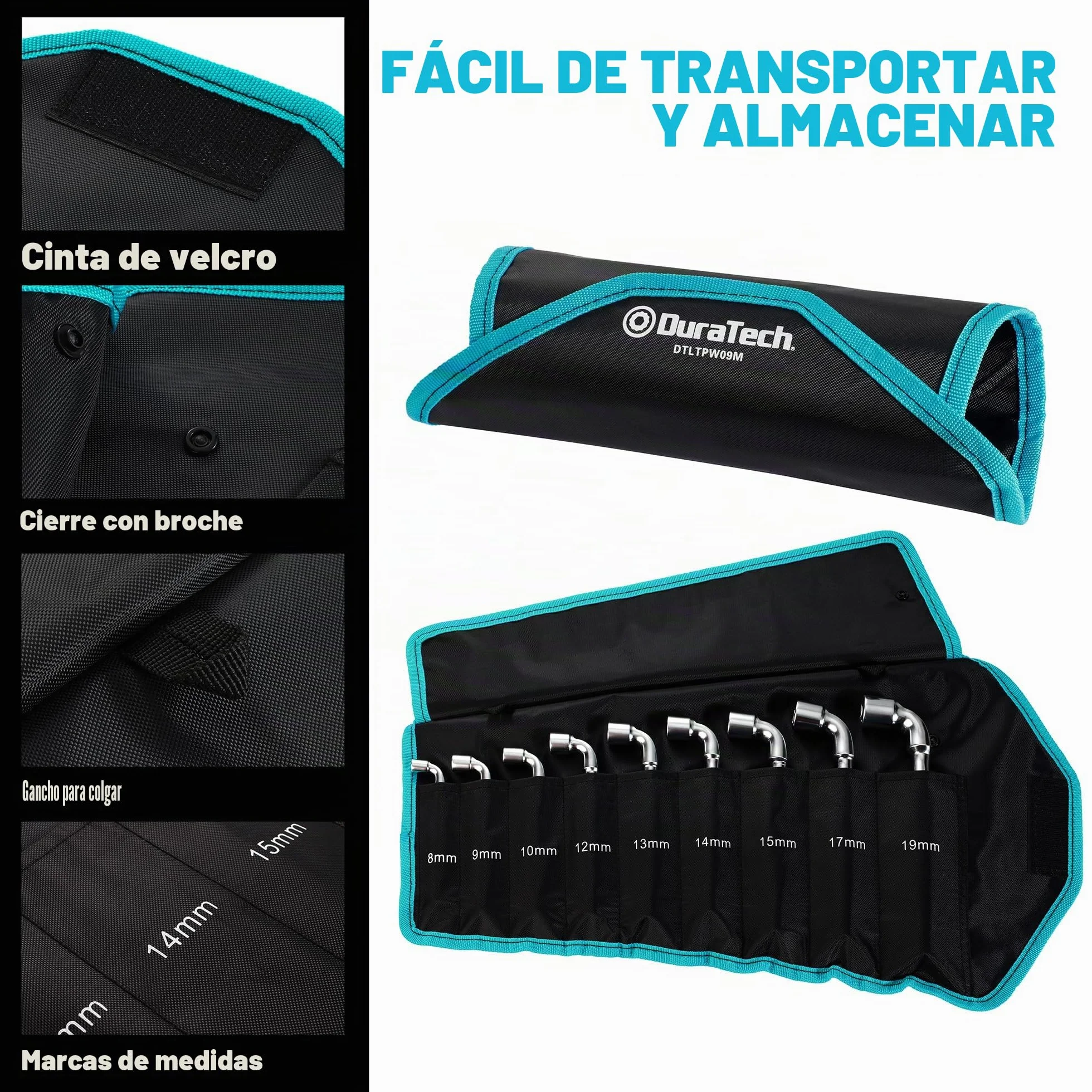 DURATECH Juego de llaves de codo de perforación de tubería tipo L, juego de llaves hexagonales en forma de L, métricas, 9 piezas, 8-19 mm, acero de aleación cromada, 6 puntos, con bolsa rodante
