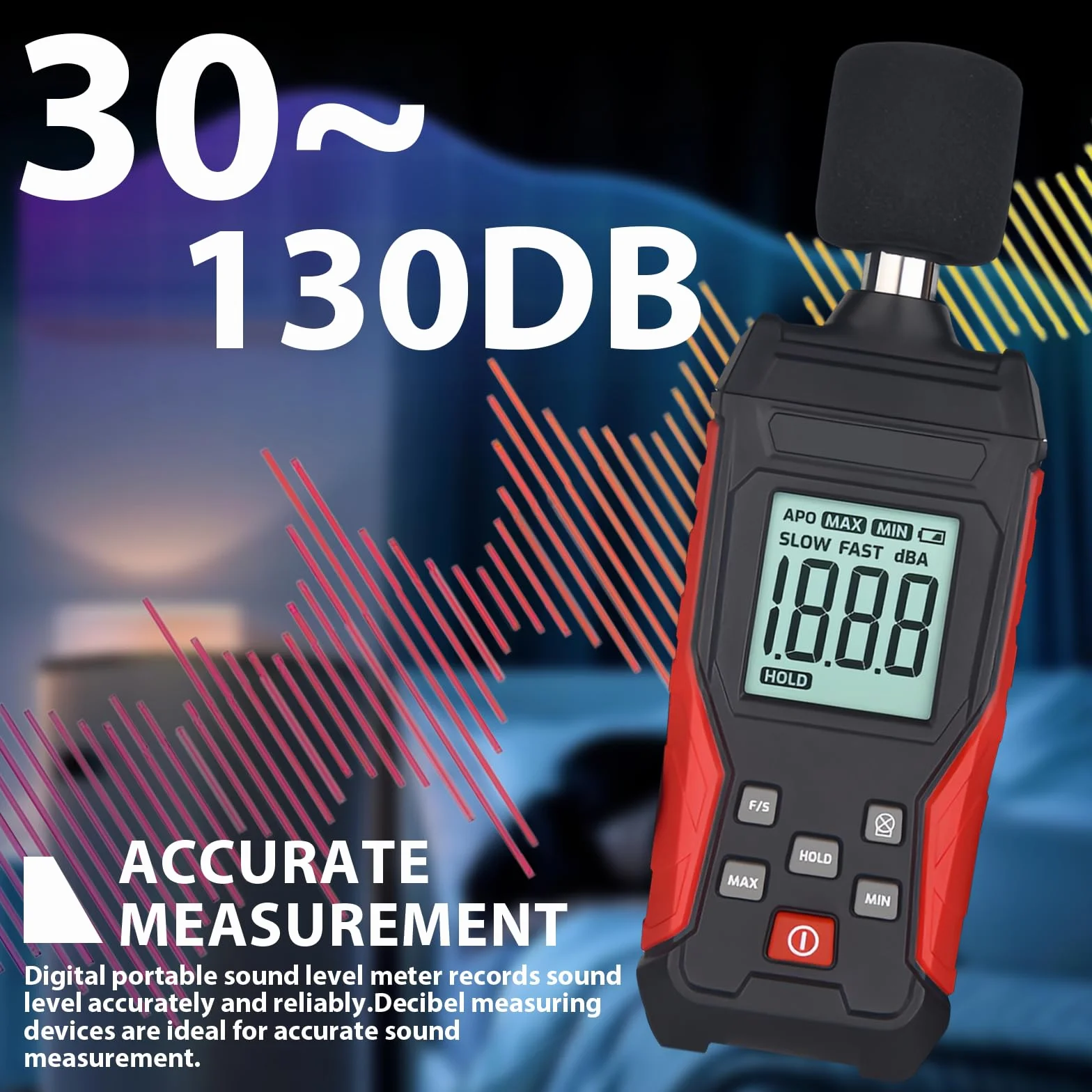 Medidor de decibelios profesional con almacenamiento de datos | Medidor de nivel de sonido digital portátil | Medidor de nivel de sonido 30 – 130 dB (A/C) para casa, obra, oficina | Iluminación LCD