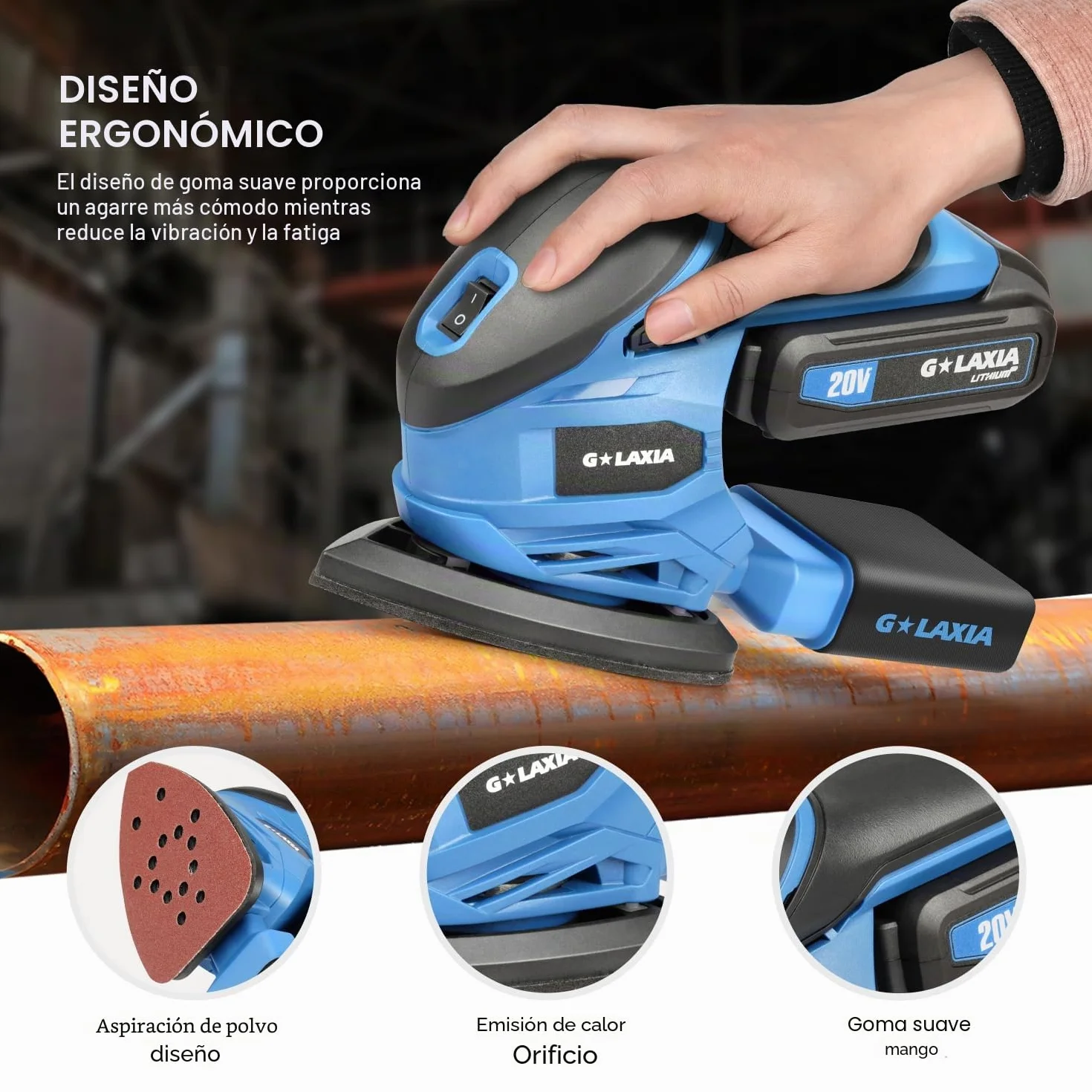 Lijadora Madera,20V 12000 RPM Lijadora Eléctrica con batería Li,20 hojas de papel de lija(140 mm x 94 mm),Herramienta de lijadora Orbital con batería y cargador