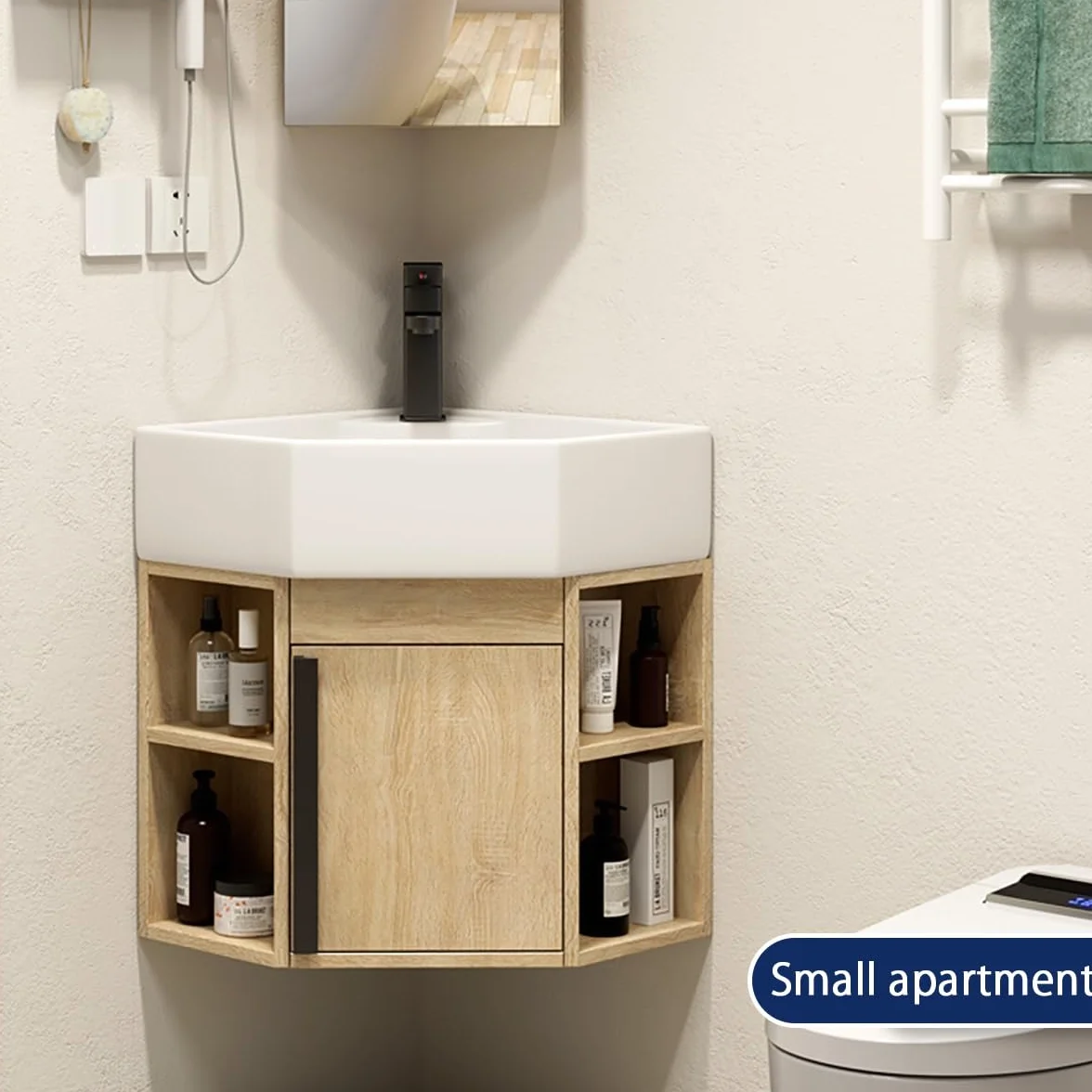 Lavabo De Esquina For Baño Pequeño,Mueble Baño Con Lavabo,Lavabo De Cerámica,Lavabo De Porcelana Mural,Lavabo De Baño Con Contenedor De Almacenamiento,Para Tu Baño Principal Y De Invitados(Brown)