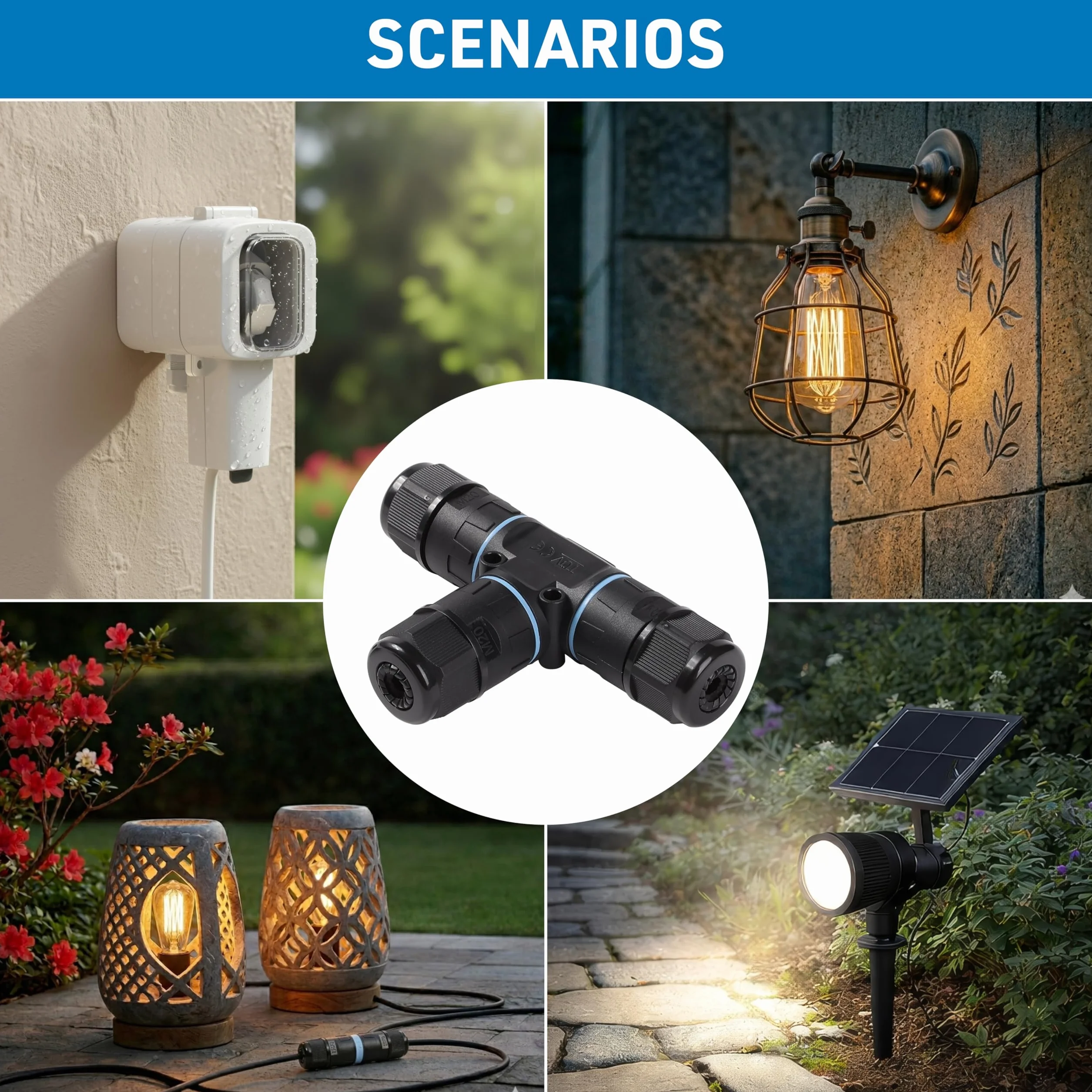 Electraline 71736 Conector estanco en forma de t, 3 polos, 3 vías, ideal para jardines y espacios exteriores, para cables externos IP68