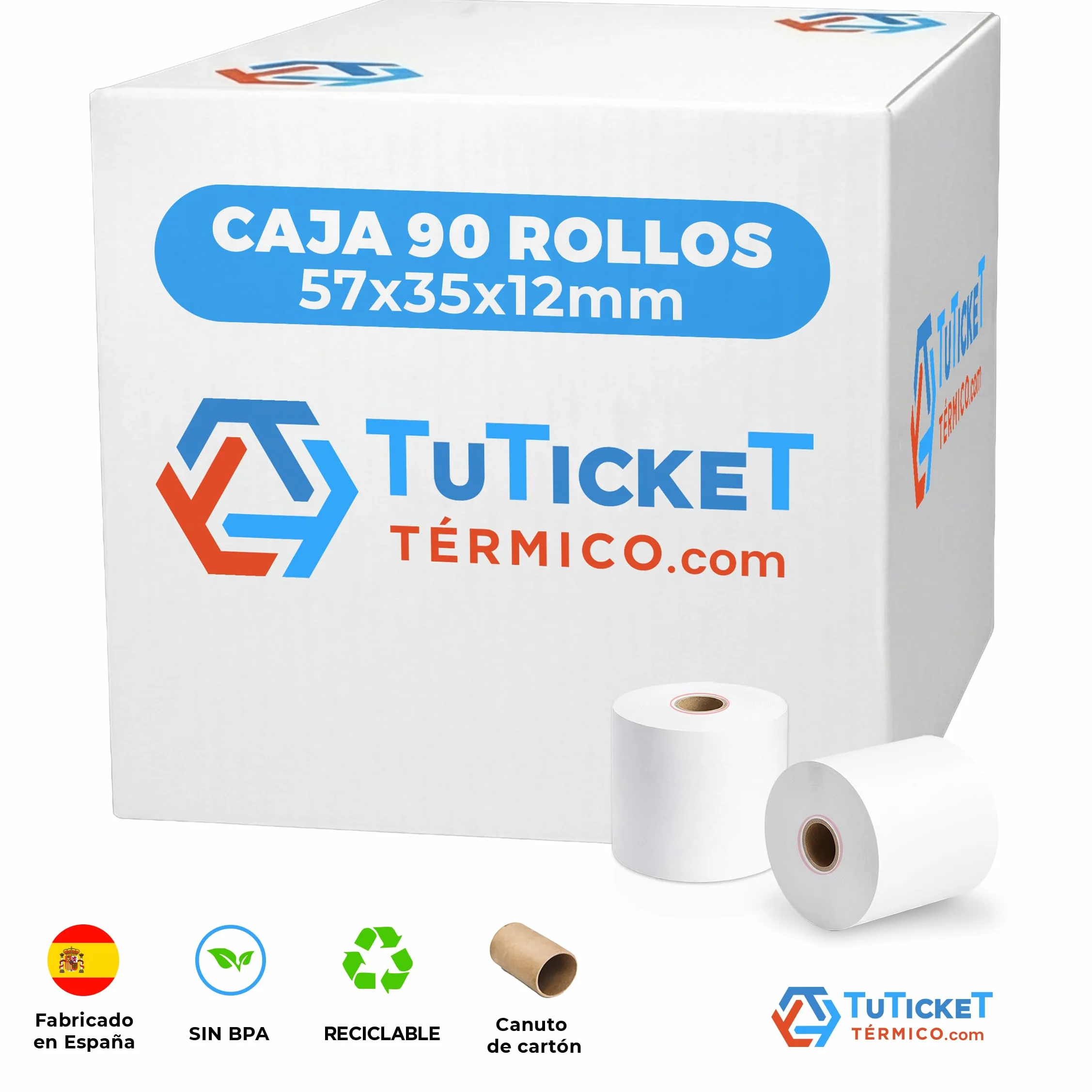 Rollos de Papel Térmico 57x35x12 mm (90 uds) Especial para cobros con Datáfono. Apto para sistemas compactos y portátiles. Sin Bisphenol A. PEFC. Producto C.E.