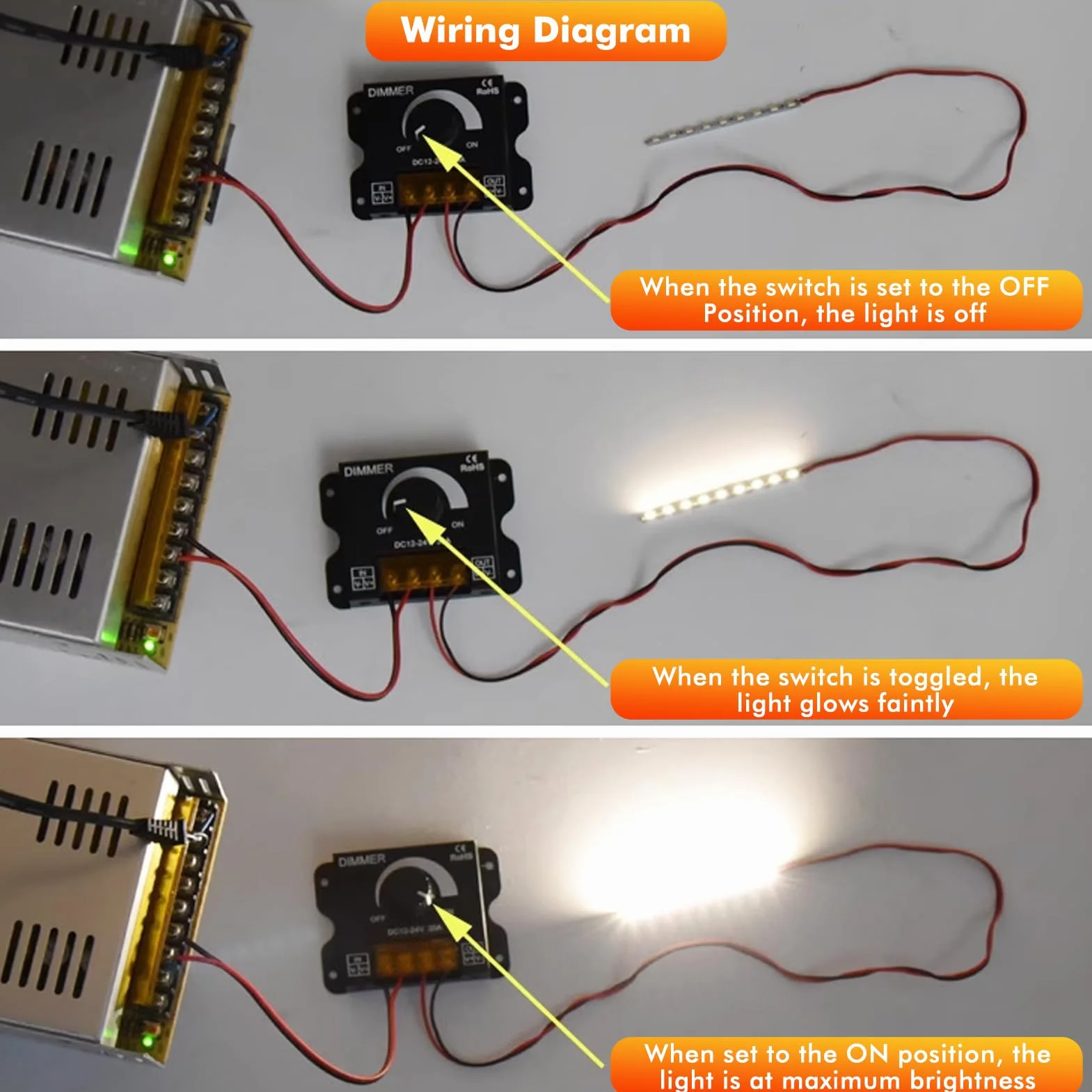 Controlador dimmer led DC12V-24V 30A PWM Dimming interruptor regulador de intensidad led con mando giratorio de ajuste de brillo Apto para tiras de luces LED