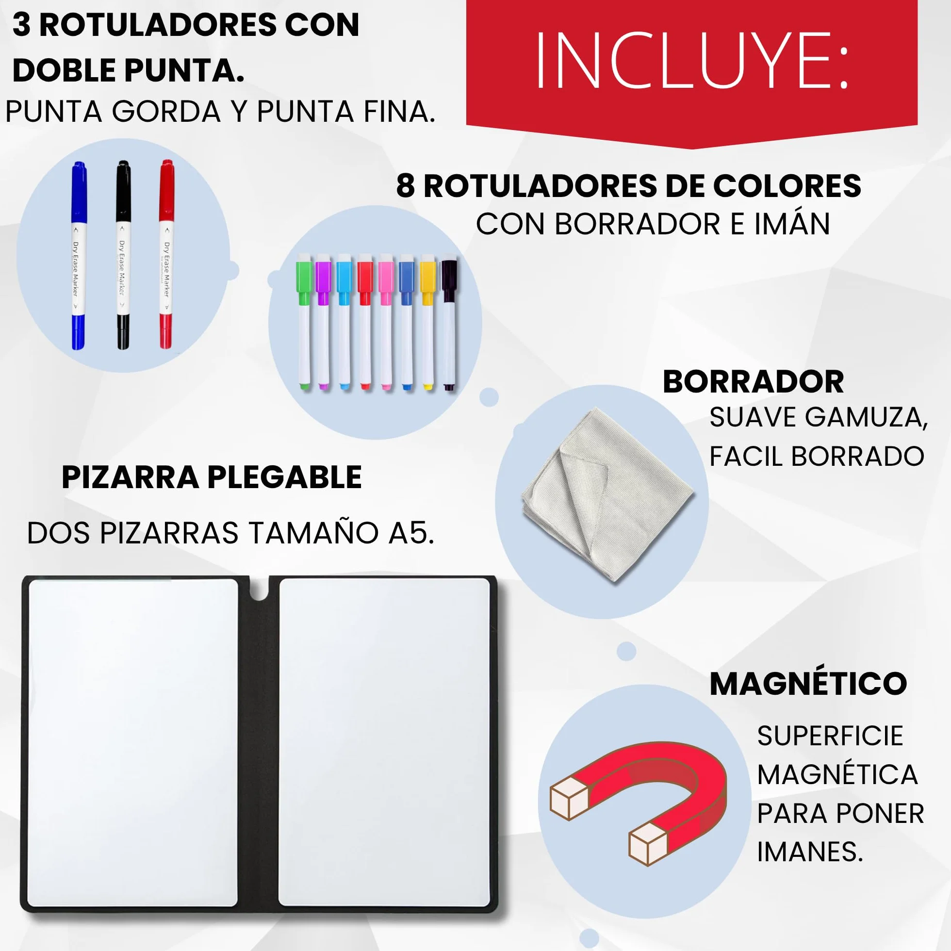 MandA® Pizarra Blanca Pequeña Plegable Borrable Portátil Magnética 2 x A5 + 11 Rotuladores + Gamuza Azul