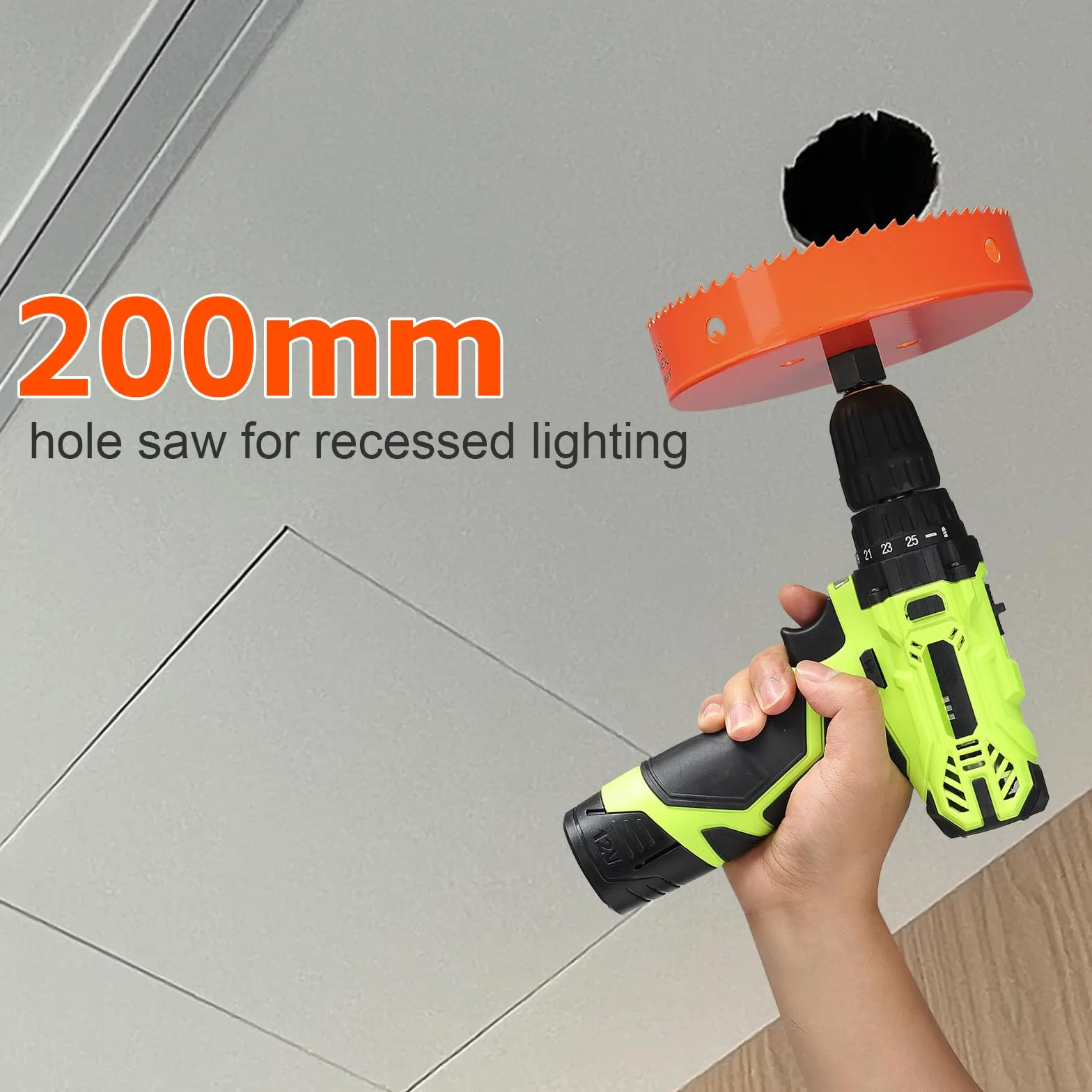 Sierra de corona de 200 mm naranja, acero rápido HSS M42 bi-metal, sierra de corona para madera, fresadora de agujero con eje hexagonal y broca con 35 mm de profundidad de corte para madera