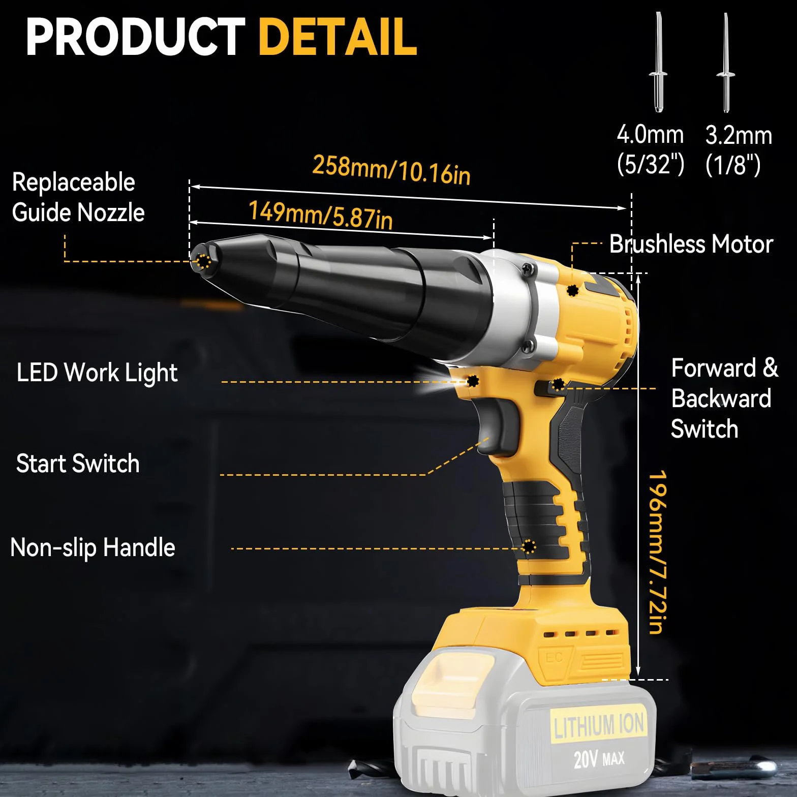 Pistola remachadora inalámbrica compatible con Dewalt batería 18V (sin batería), pistolas de tuerca de remache automáticas eléctricas con 40 remaches para remaches de 1/8 pulgadas, 5/32 pulgadas
