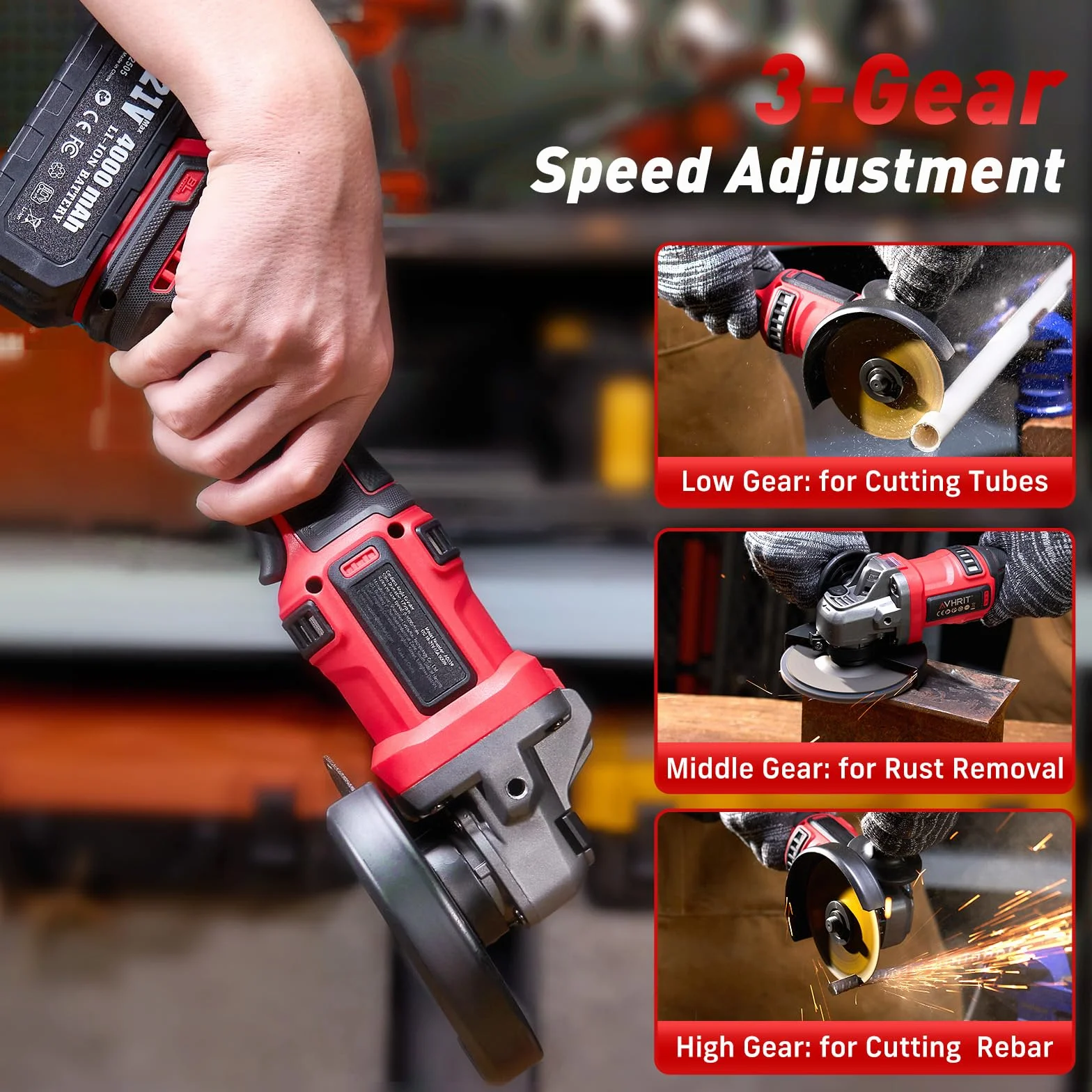 Amoladora angular con batería, 10.000RPM Amoladora Angular inalámbrica Motor Sin Escobillas, 2X4000mAh, 3 Velocidades, Bloqueo de Spindle Rápido, Mango Anti-Vibración para Cortar, Desbastar