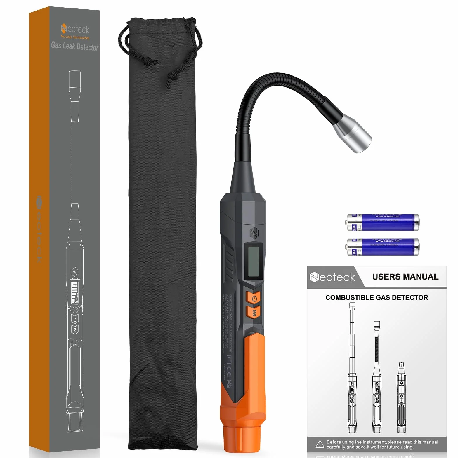 Neoteck Detector de Gas Detector Gas Natural con 4” Sonda Flexible Portátil de Fugas de Gas con Alarma Audible&Visual y Sensibilidad Ajustable para Metano Propano GLP Butano Gasolina Gas Natural