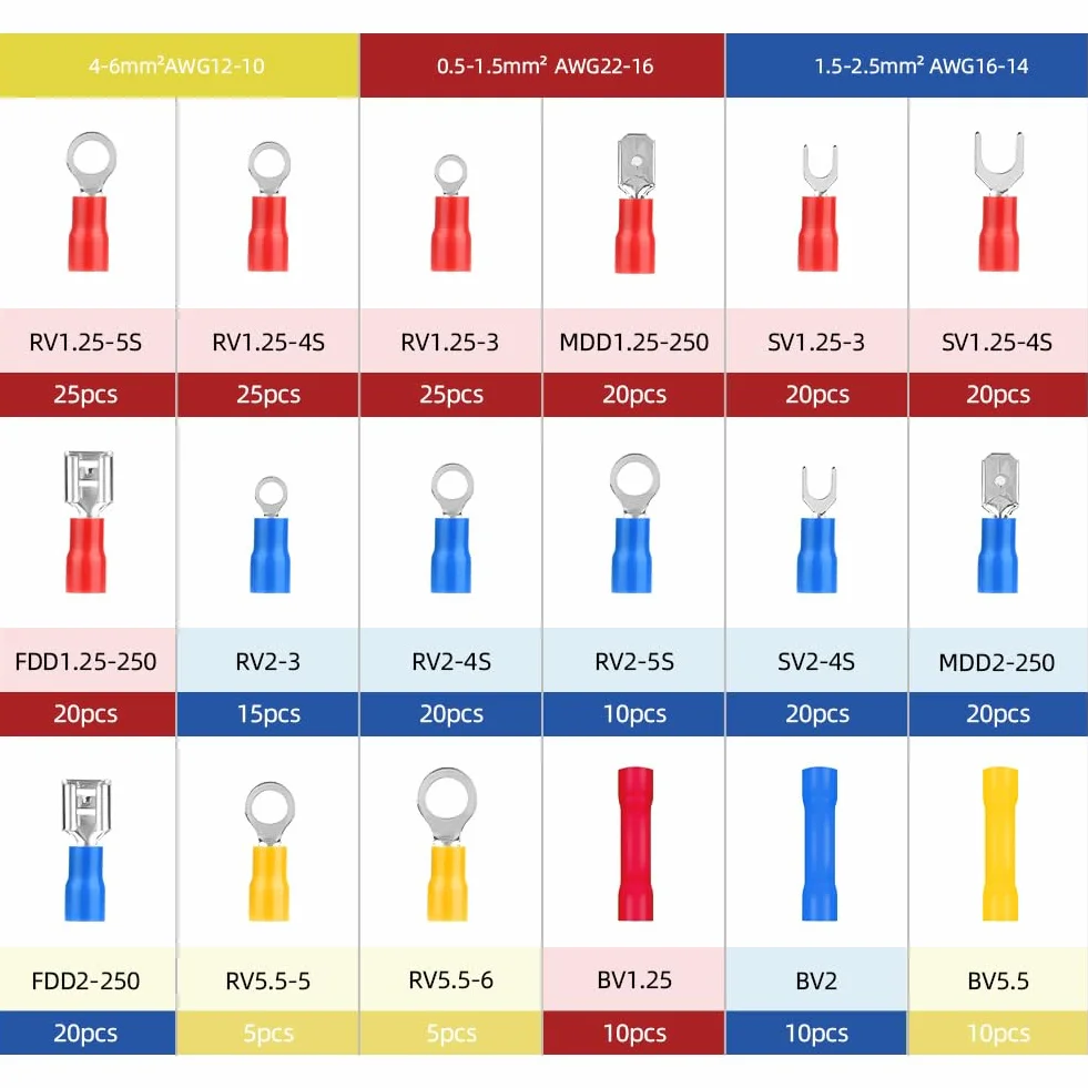 Terminales Eléctricos 300 Piezas 18 Tipos 0.5-16 mm² Aislados Caja Engarzar
