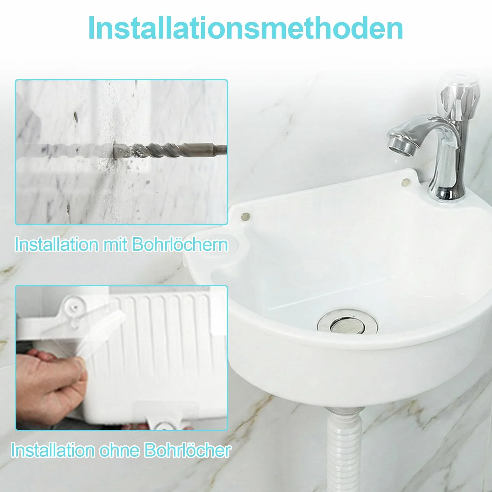 Fregadero de plástico, mini lavabo con desagües de acero inoxidable de 75 cm y tapón de drenaje, fregadero semicircular curvado, para camping, para jardín, sótano, inodoro y baño