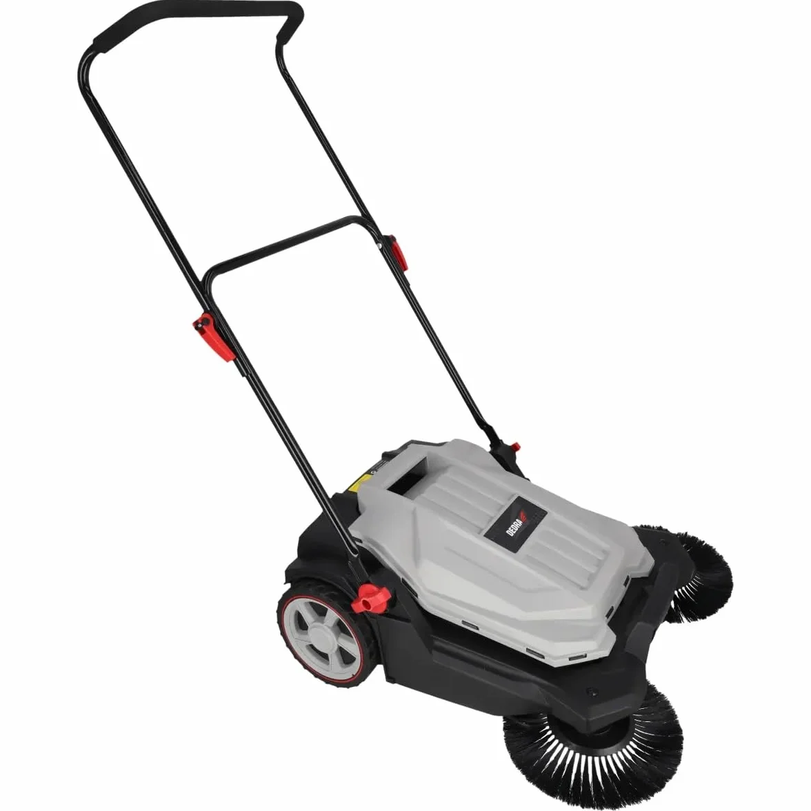 DEDRA Barredora de mano, 3 cepillos, 650 mm de ancho, depósito de 18 l, capacidad: 2600 m2/hora, manillar ajustable, ruedas resistentes, mango ergonómico