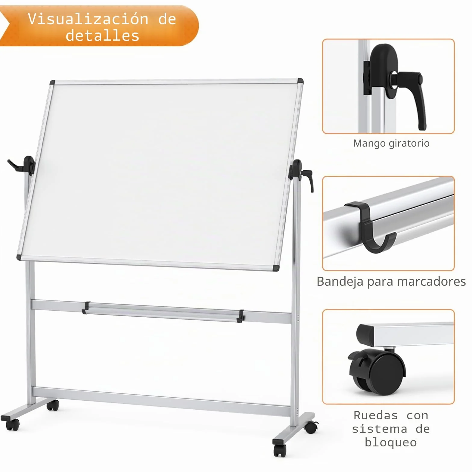VIZ-PRO Pizarra blanca móvil magnética de doble cara 120x90 cm con ruedas marco de aluminio