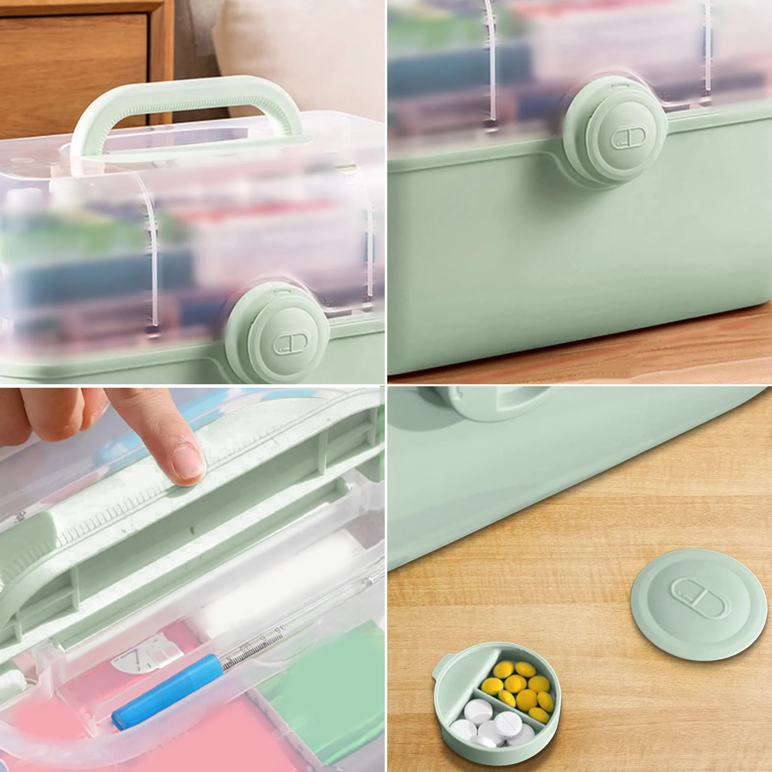 Caja de medicamentos transparente de gran capacidad, organizador de píldoras con estuche, verde