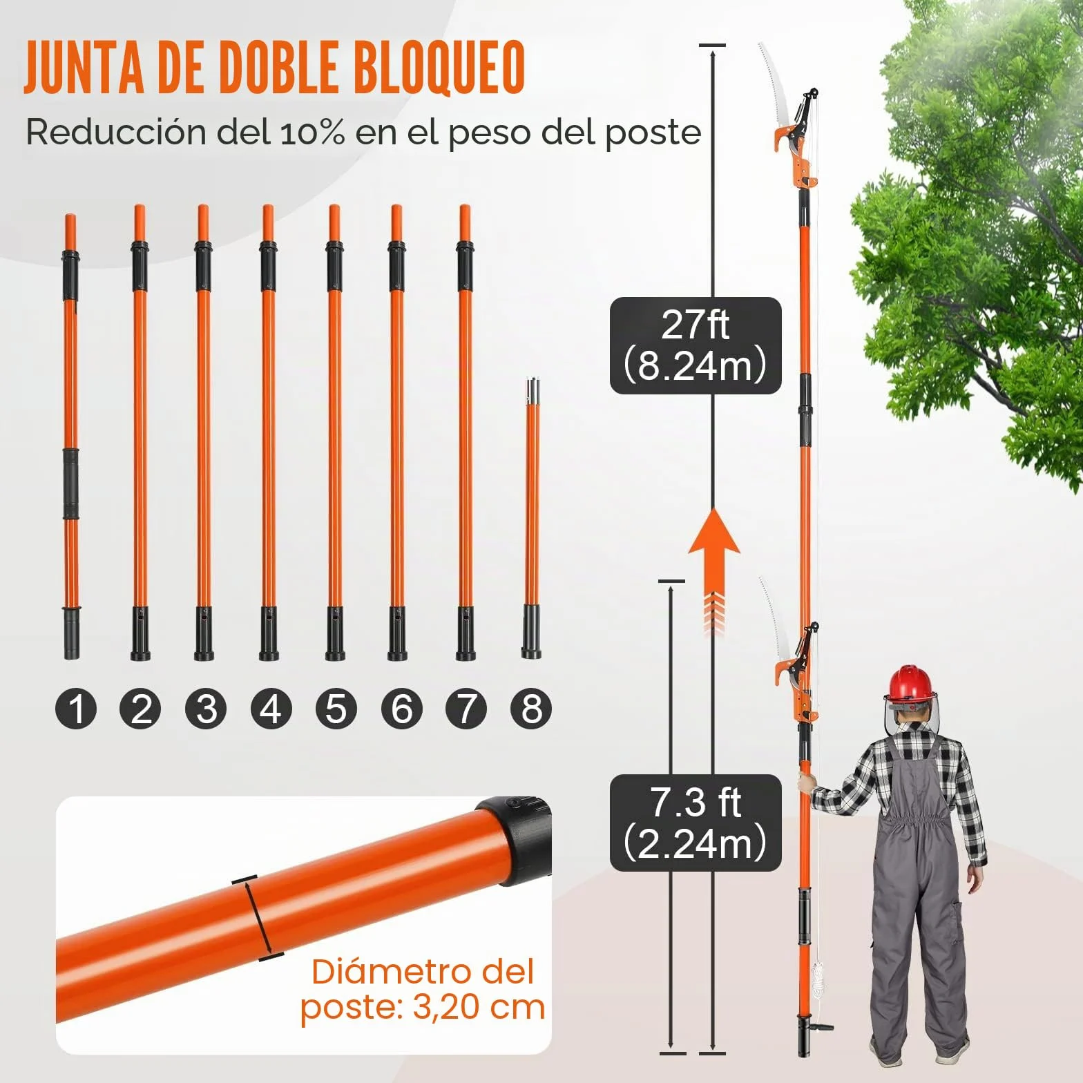 VEVOR Sierra de Poda Telescópica Sierra de Pértiga Extensible de 2,24-8,24m Sierra de Poda con Hoja de Acero Afilada con 8 Postes Tijeras de Fibra de Vidrio para Cortar Ramas Altas para Podar Palmeras