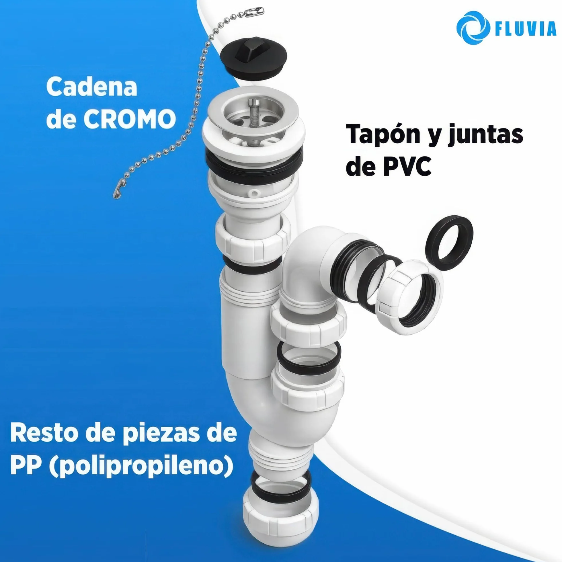Sifón Curvo Extensible 1 1/2" Ø40 mm con Reducción Ø32 mm para Fregadero y Lavabo Antiolor Antifugas Fluvia