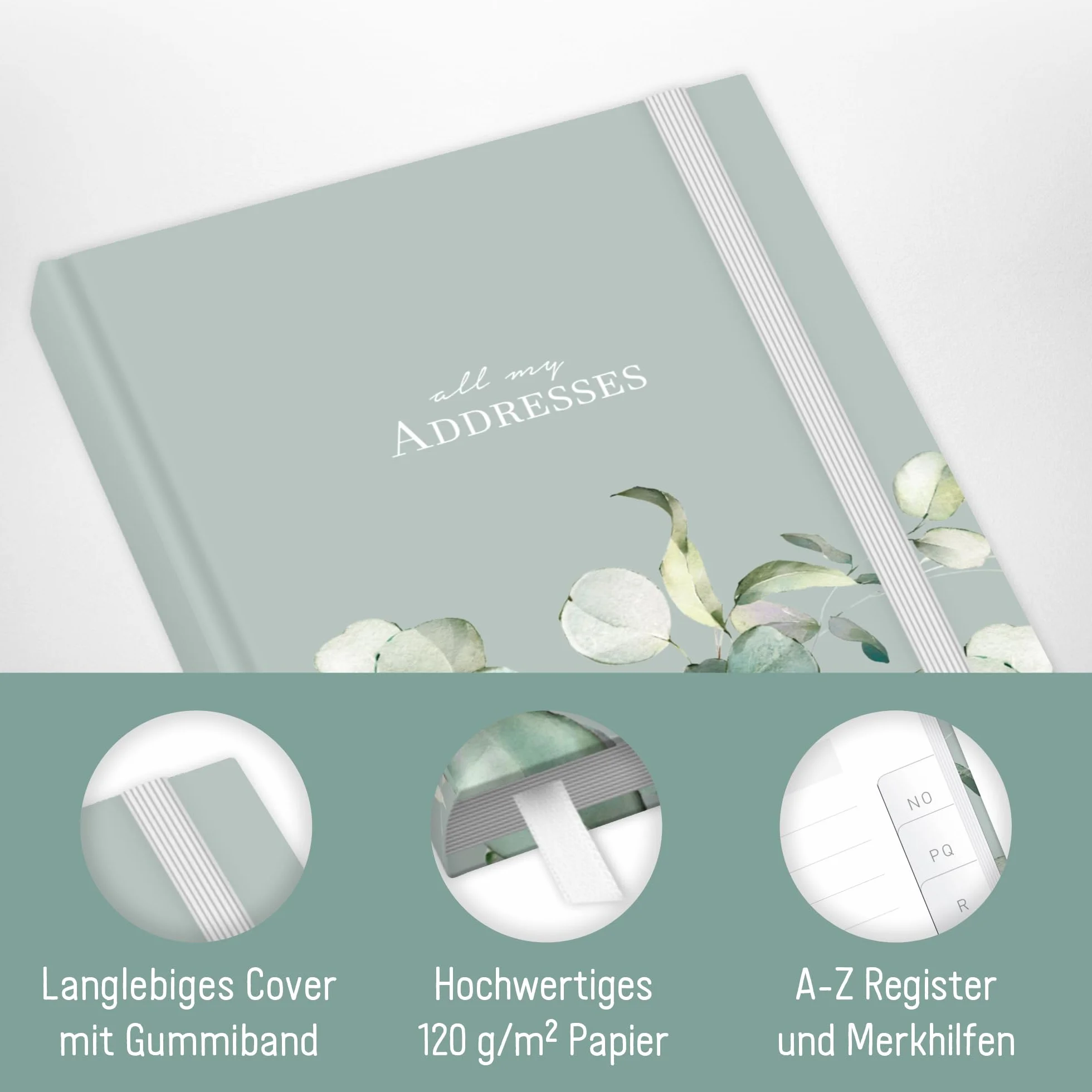 paper&you® Libro de direcciones A6+ con índice A-Z "Hojas de menta" para contactos, cumpleaños y contraseñas - sostenible y respetuoso con el clima