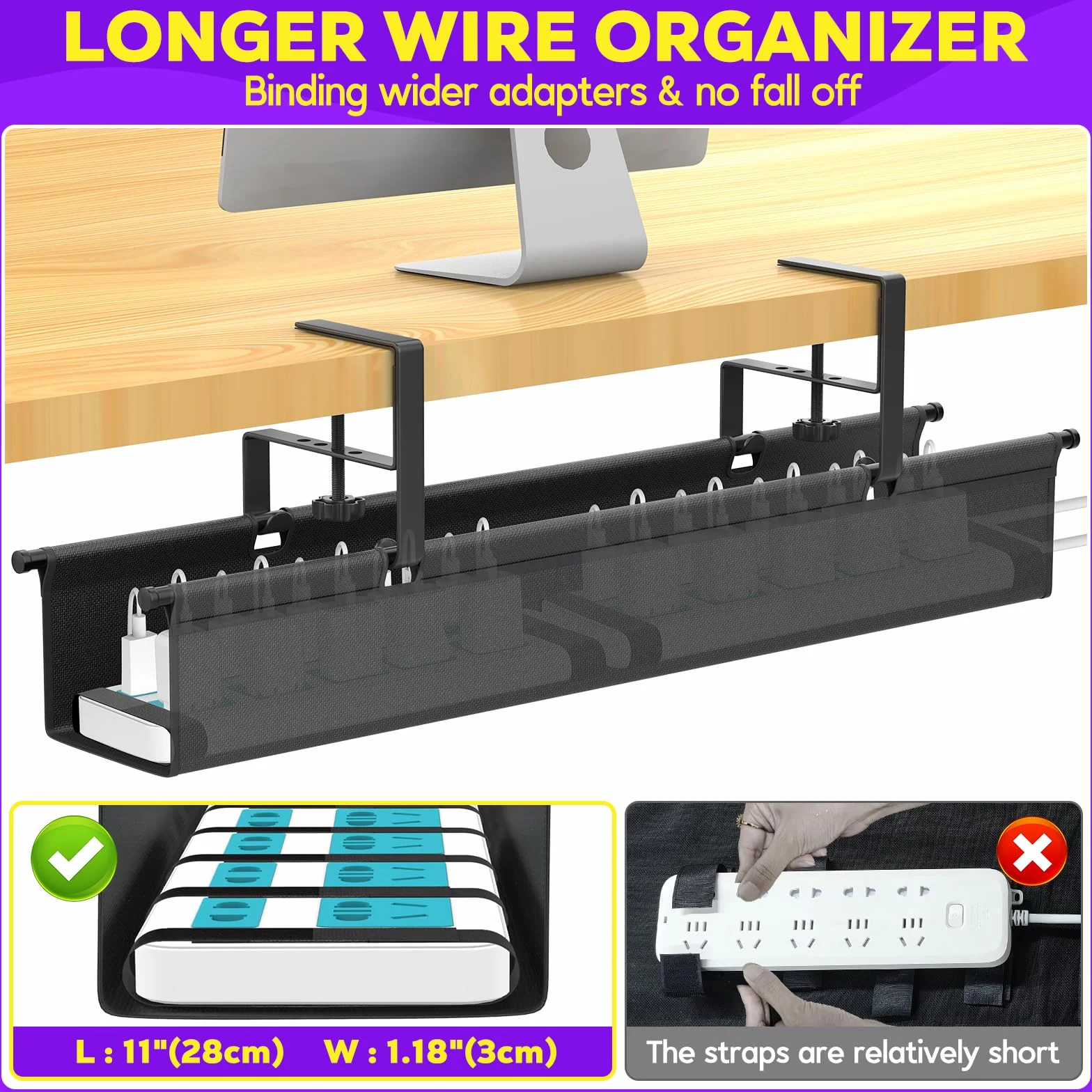 REFLYING 74cm Organizador Cables Escritorio, Bandeja Cables Escritorio sin Taladro, Recoge Cables Escritorio para Mesa de Pie, Cable Management en la Oficina o en Casa, Negro