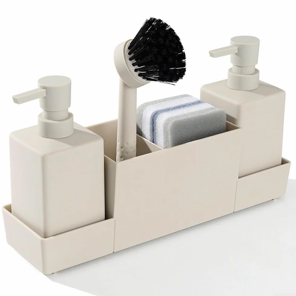 Organizador de cocina con 2 dispensadores de jabón 350 ml, soporte de esponja y bandeja de goteo, plástico ABS