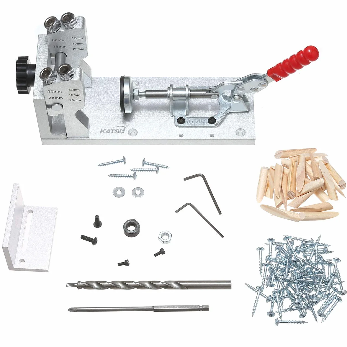 KATSU Kit de Plantilla de Orificio Doble de Bolsillo, Pocket Agujero Kit, Localizador de Madera para Carpintería Perforación de Orificio, con Brocas y Tornillos 105418