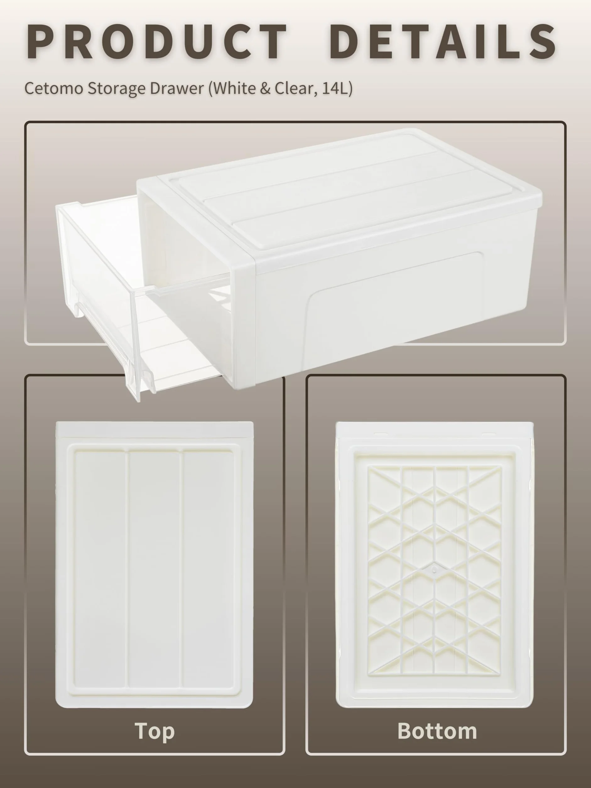 Cetomo 14L*3 Cajones de Almacenamiento de Plástico, Torre Apilable para Escritorio, Blanco Transparente