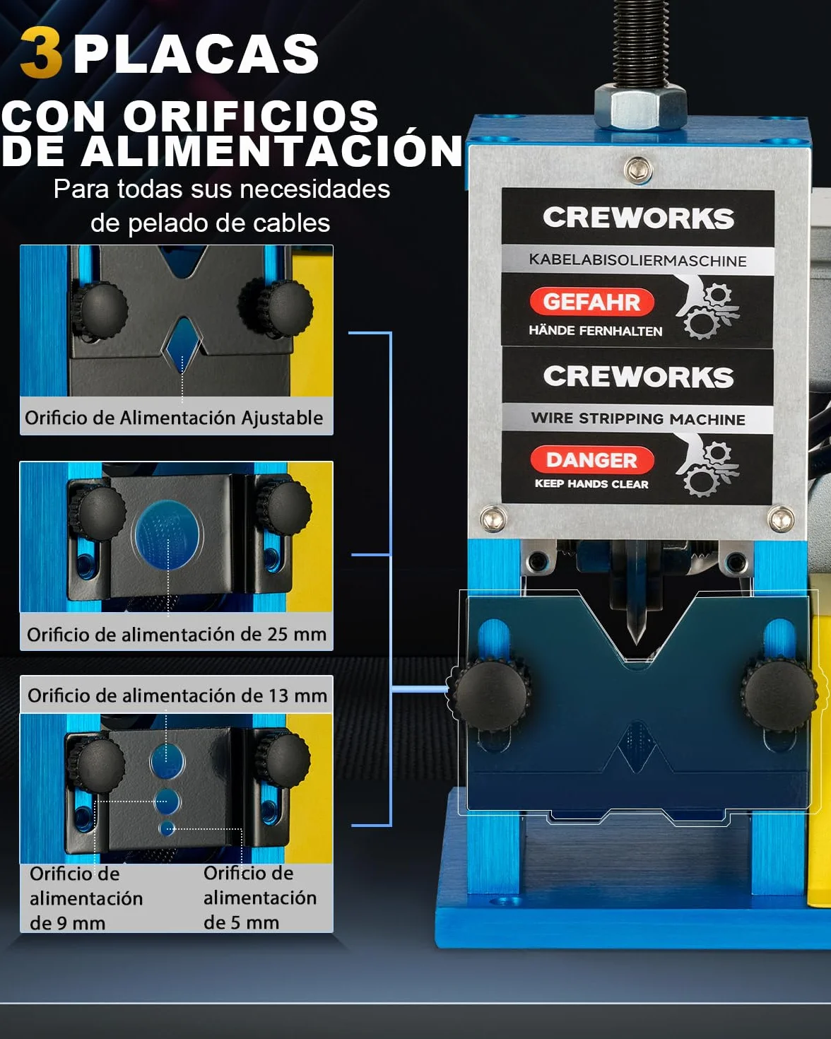 CREWORKS Máquina de Pelacable Electrica 180W 1,5mm-25mm Maquina de Pelar Cables Automática con 5 Canales para Reciclaje de Cobre
