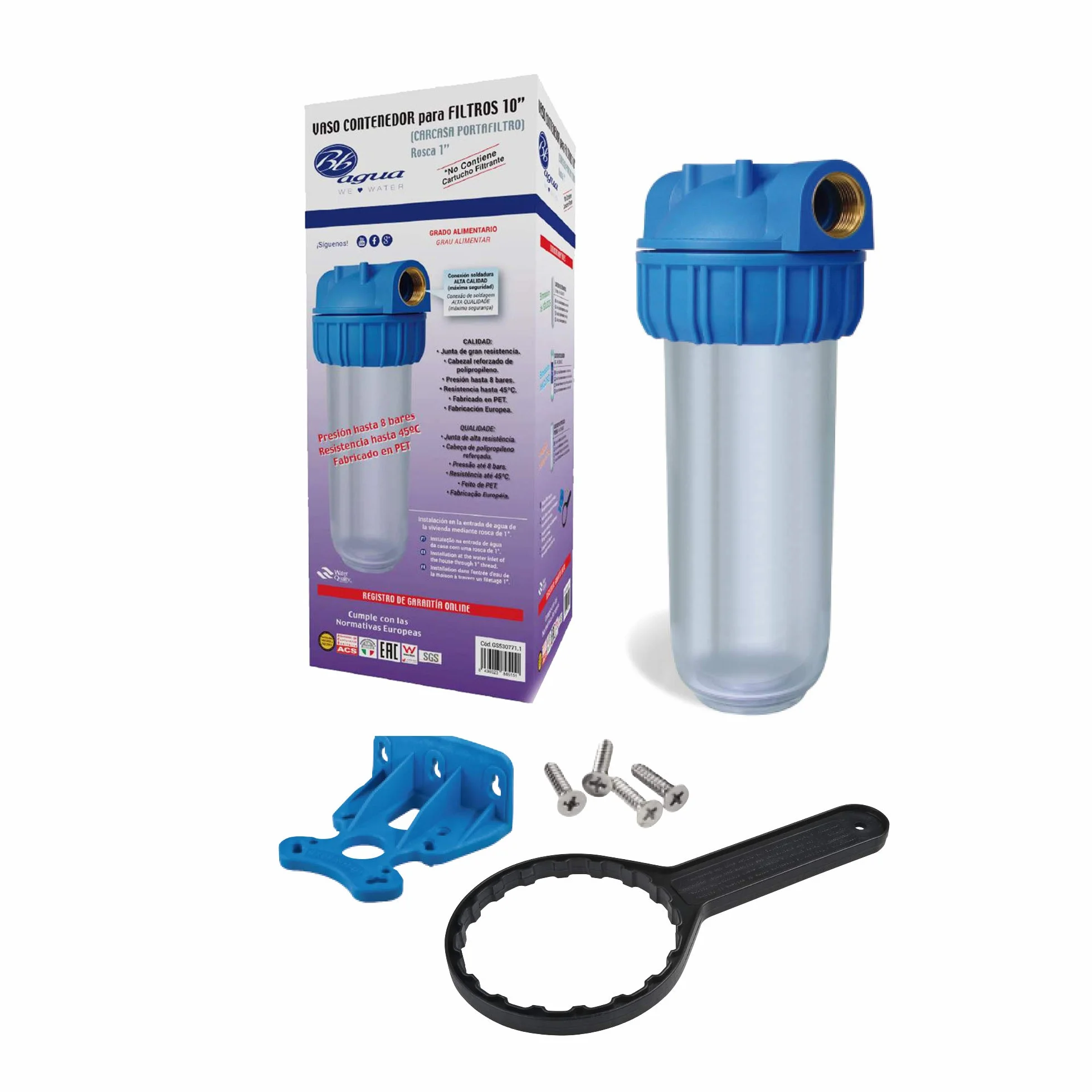 Filtro de agua de 10" Rosca Metal de 1" con soporte para pared y llave para cambio de Cartucho o Filtro. No Incluye Filtro. Fácil Instalación y Mantenimiento. Bbagua.