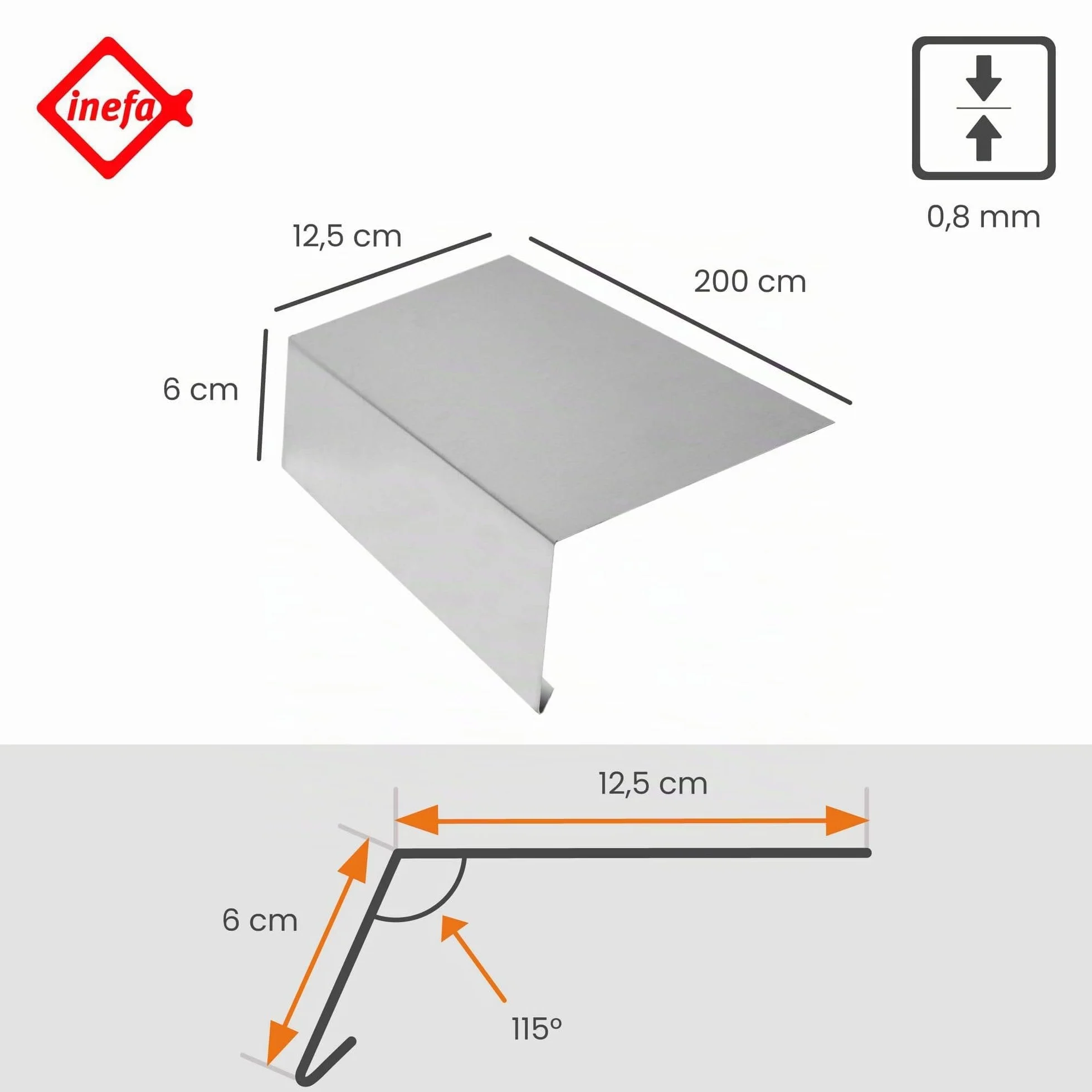 INEFA Cortina de canalón sin pliegue de agua de aluminio 200cm, de chapa de aluminio plateada para el drenaje del tejado, drenaje del agua de lluvia, del tejado al canalón