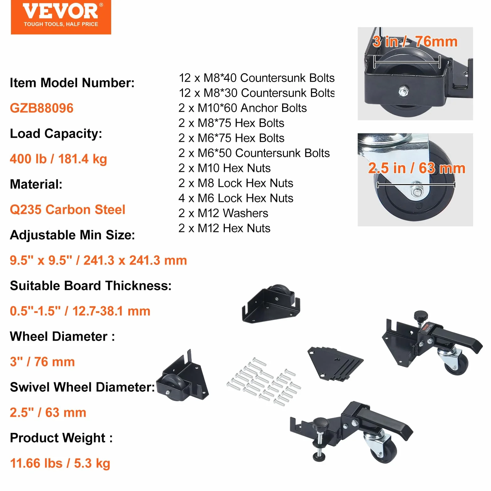 VEVOR Base Móvil de Capacidad de 181,4 kg Ajustable de 241,3x241,3mm hasta el Infinito Soporte de Base Móvil Universal Resistente con Ruedas Giratorias para Equipos de Carpintería, Muebles, Máquinas