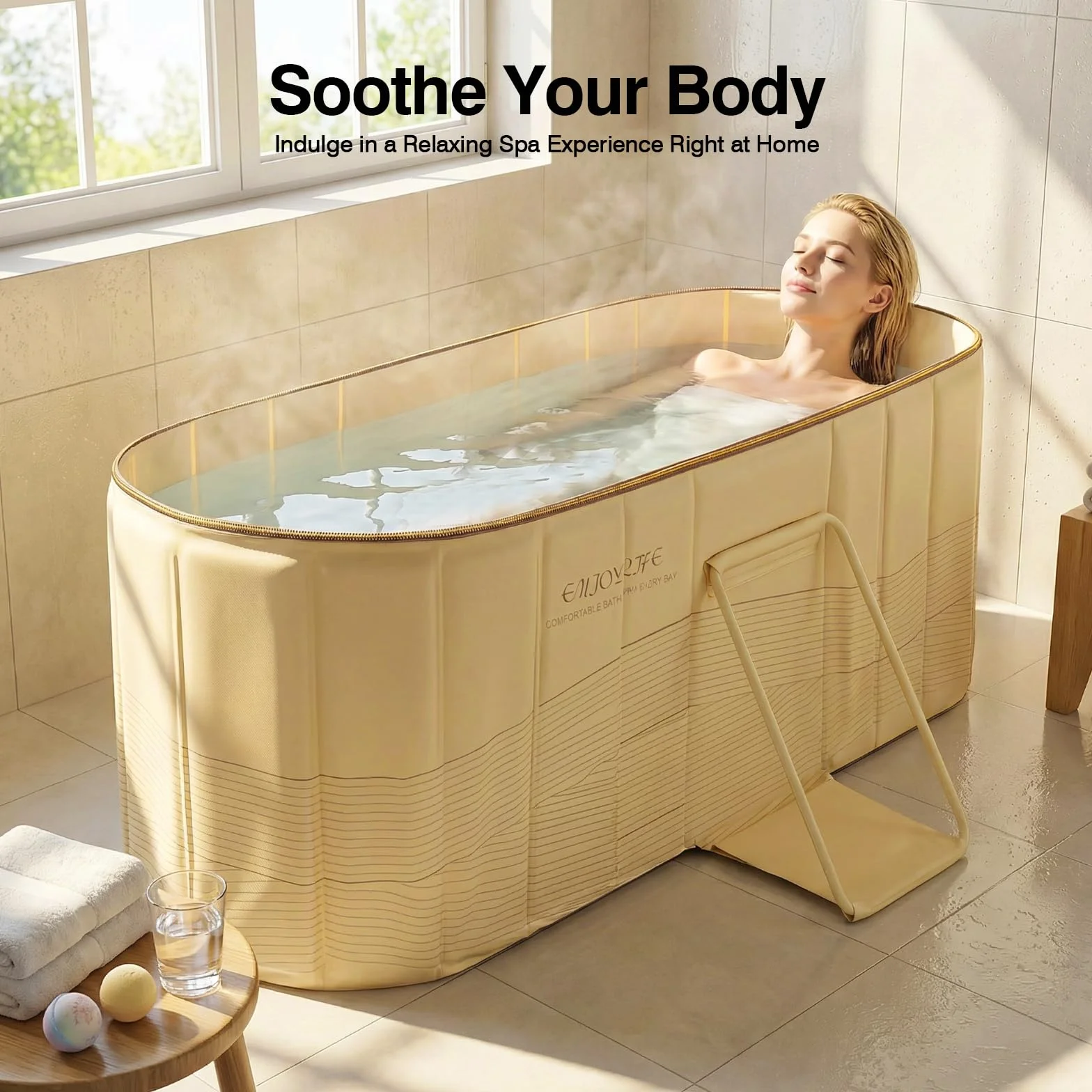 Bañera Plegable, Portátil de PVC, Spa Cómodo para el Hogar, Drenaje Rápido, Estable y Compacta, Ideal para Baño Caliente de Relajación y Ocio, 150x55x50cm