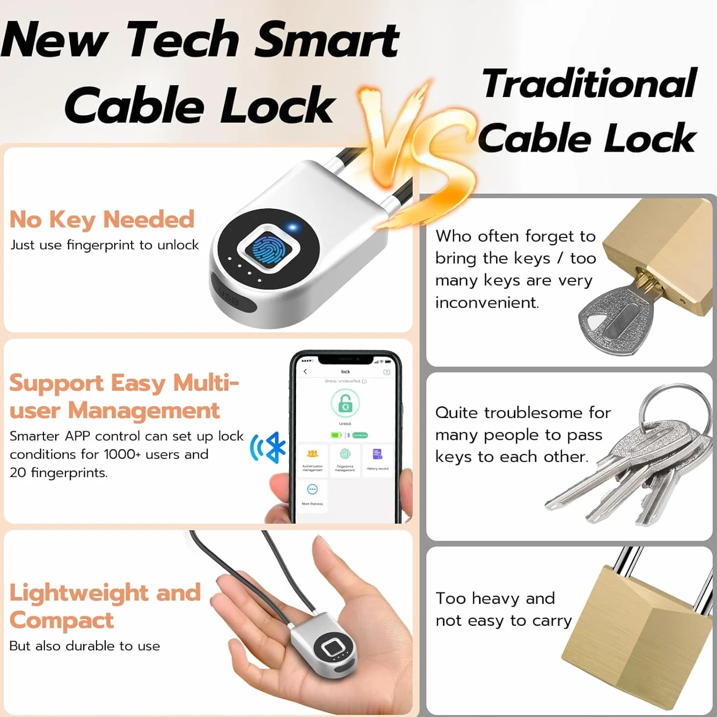 eLinksmart Candado de cordón, candado de cable de huellas dactilares, candado de aplicación para teléfono móvil, cerradura de equipaje, cerradura de muebles, taquilla, resistente al agua