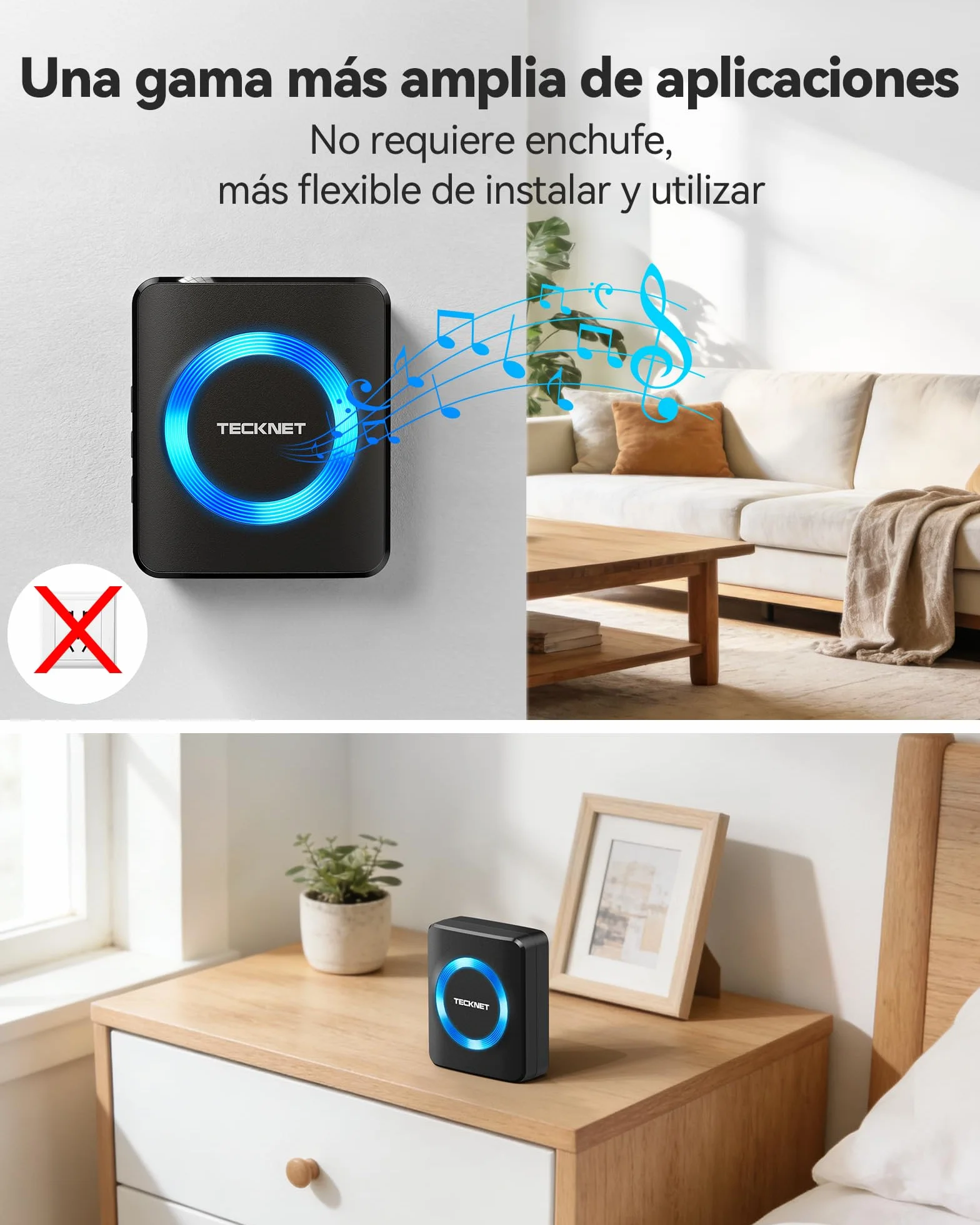TECKNET Timbre Inalámbrico con Batería, 400 m, IP65, Resistente al Agua, 5 Niveles de Volumen, 60 Melodías